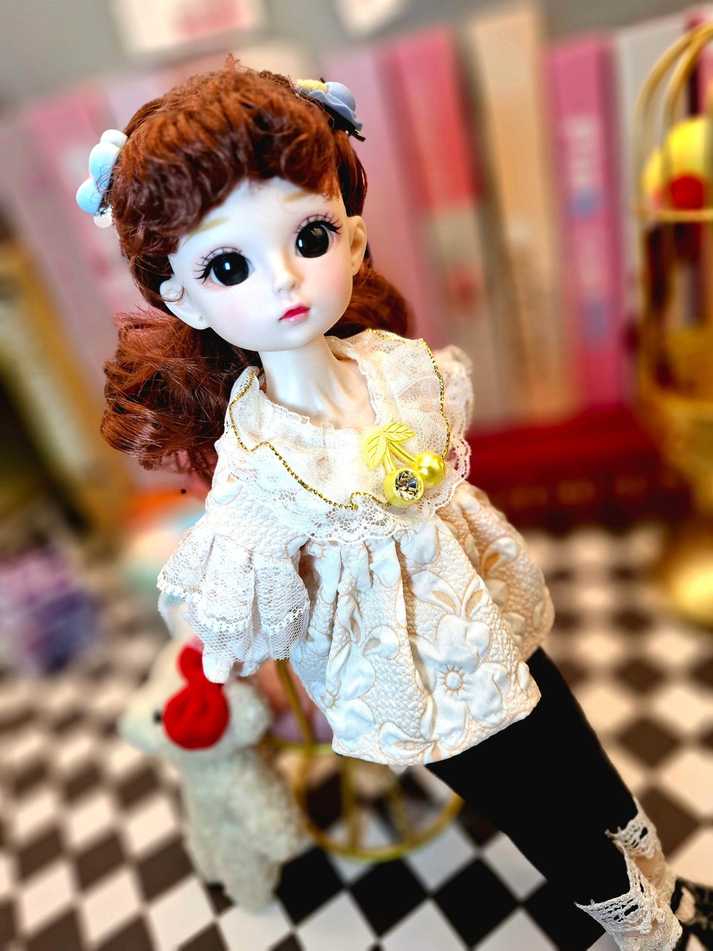 Cute brunette with curly wavy hair in lace top 30cm BJD doll