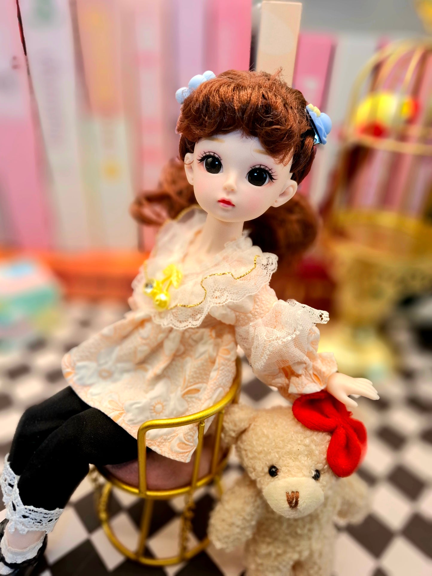 Cute brunette with curly wavy hair in lace top 30cm BJD doll