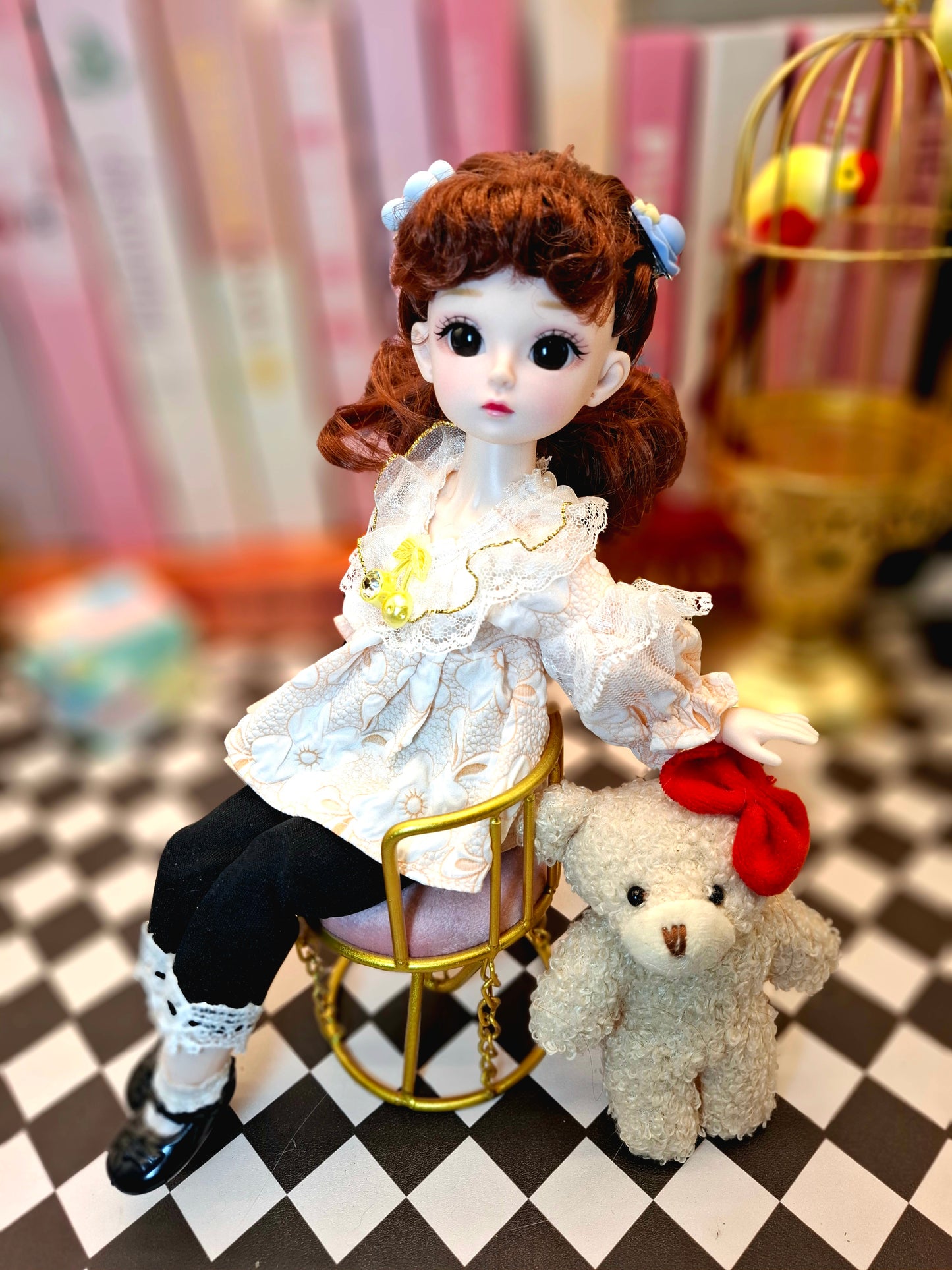 Cute brunette with curly wavy hair in lace top 30cm BJD doll