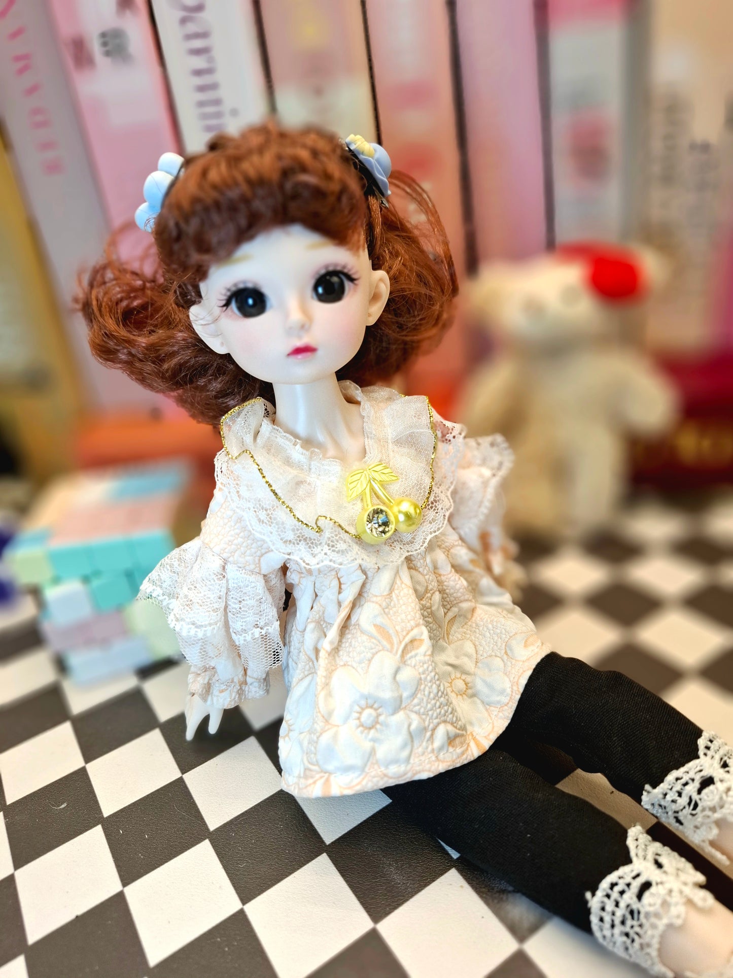 Cute brunette with curly wavy hair in lace top 30cm BJD doll