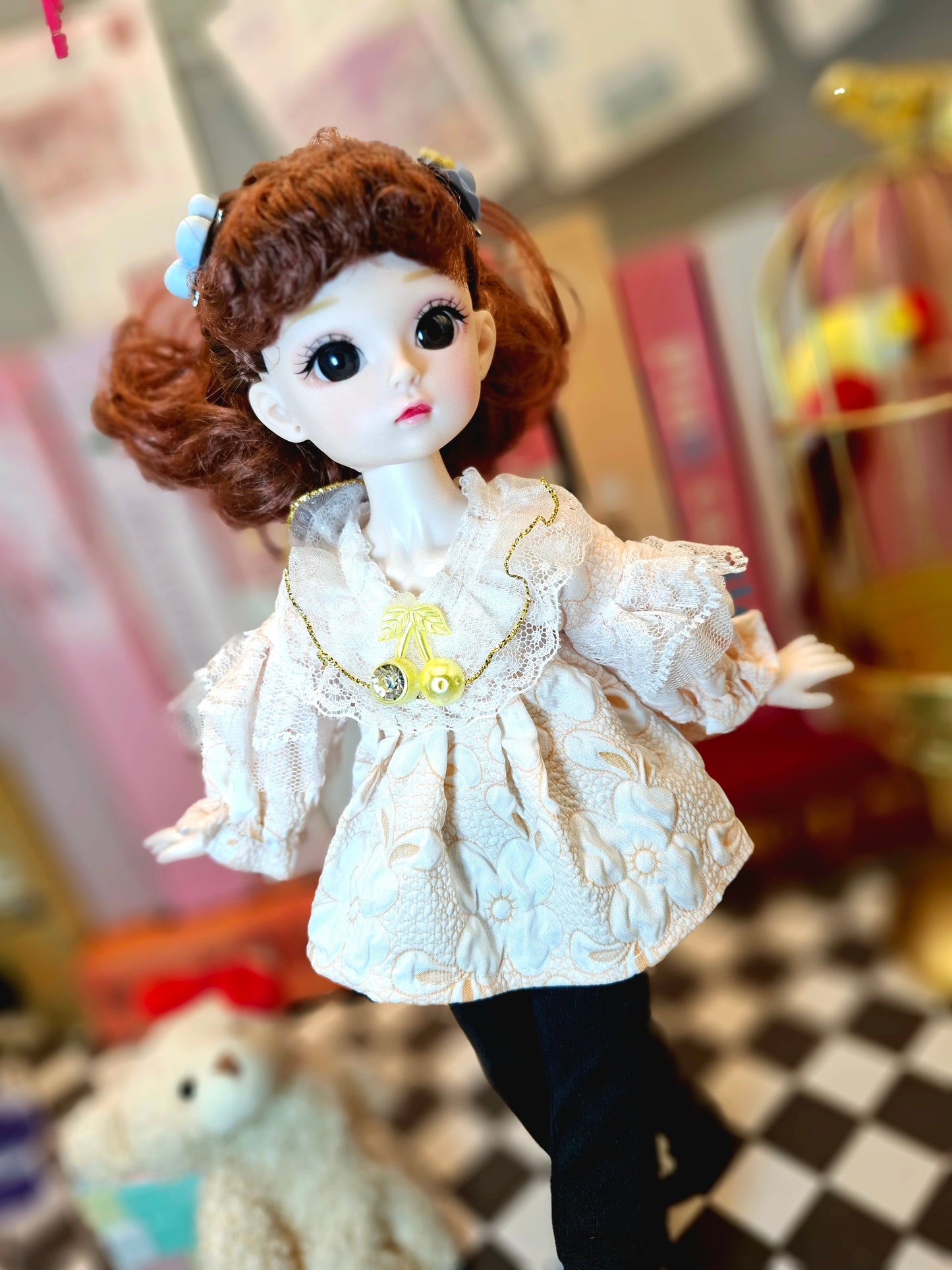 Cute brunette with curly wavy hair in lace top 30cm BJD doll