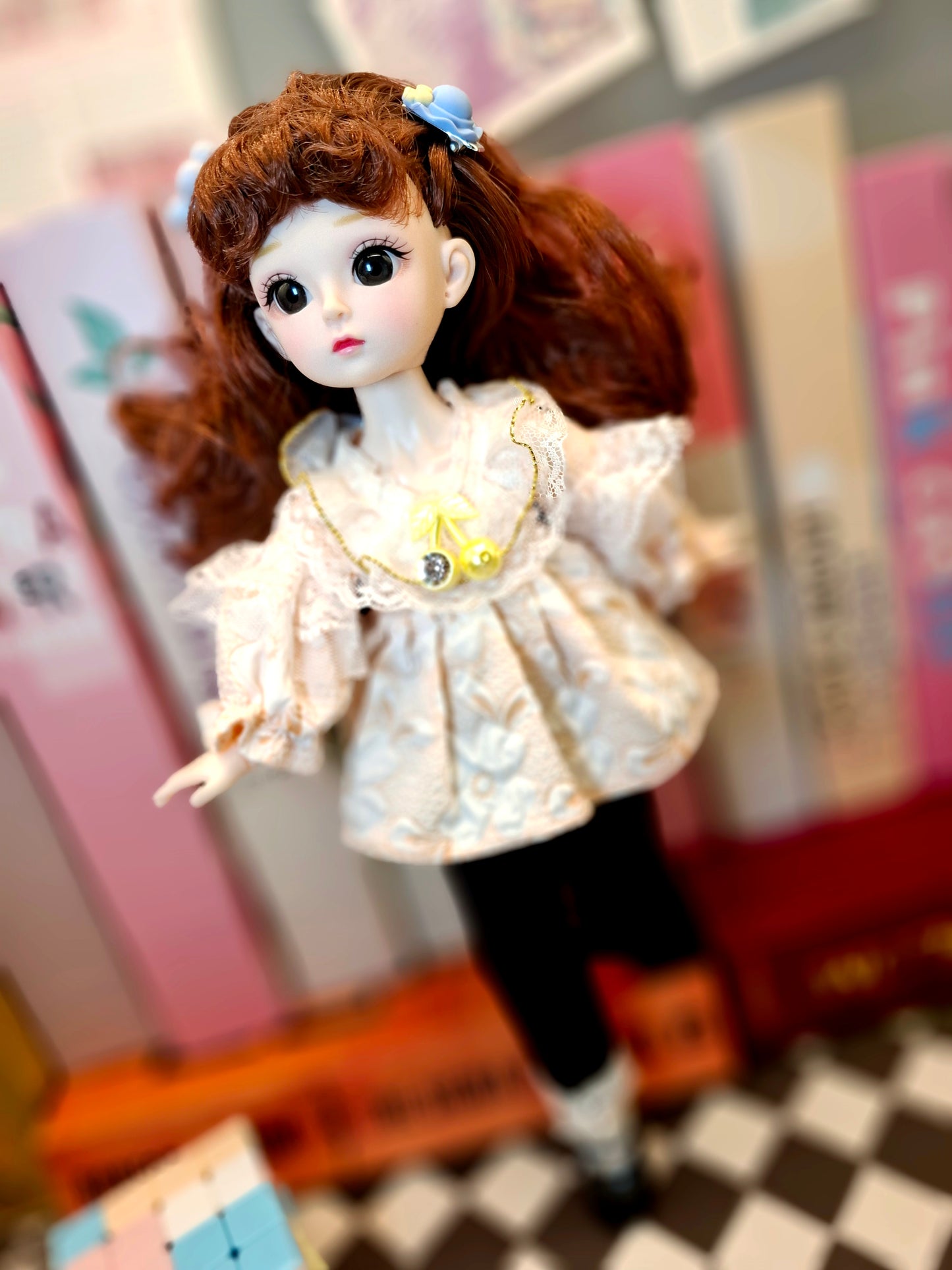 Cute brunette with curly wavy hair in lace top 30cm BJD doll