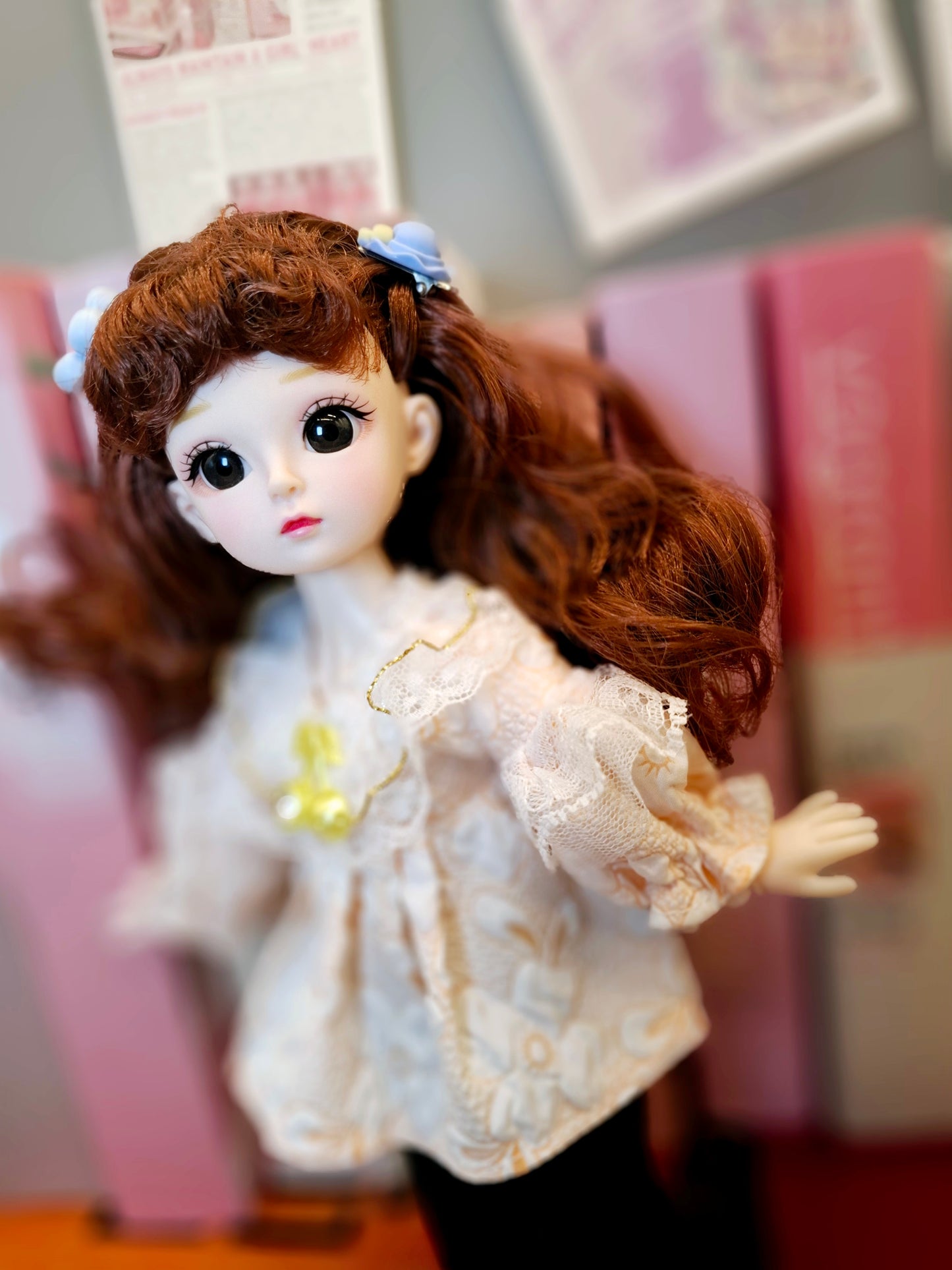 Cute brunette with curly wavy hair in lace top 30cm BJD doll
