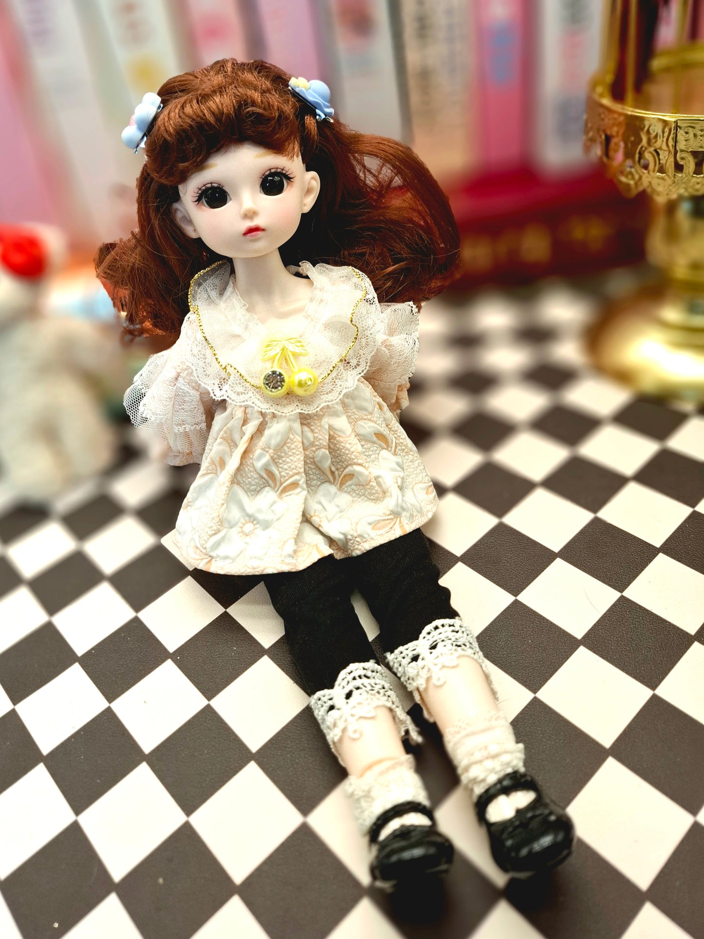 Cute brunette with curly wavy hair in lace top 30cm BJD doll