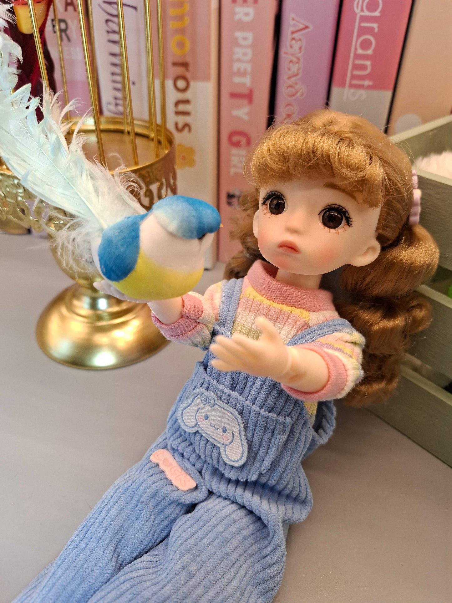 Golden blonde cutie in blue overall 30cm BJD doll