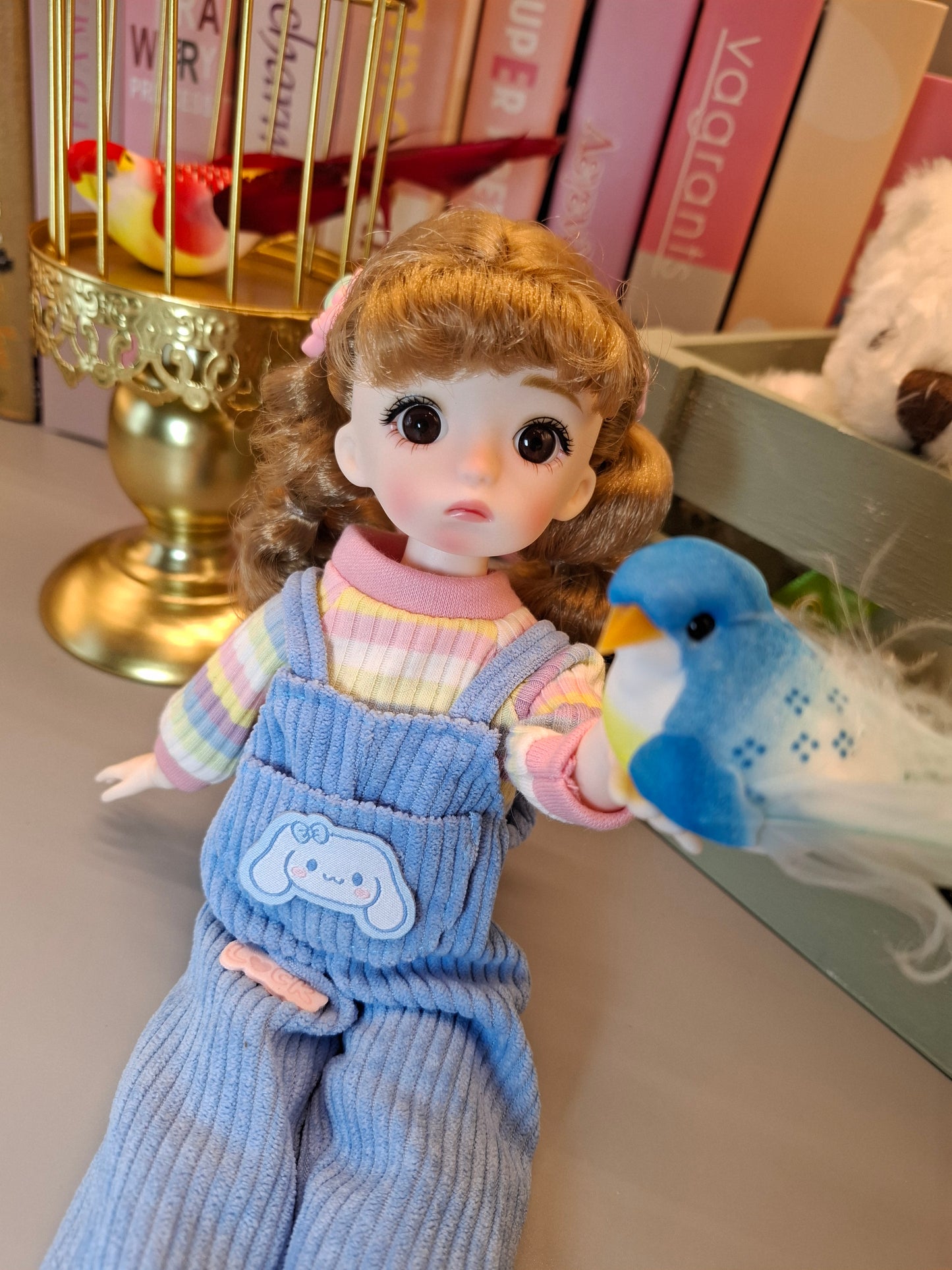 Golden blonde cutie in blue overall 30cm BJD doll
