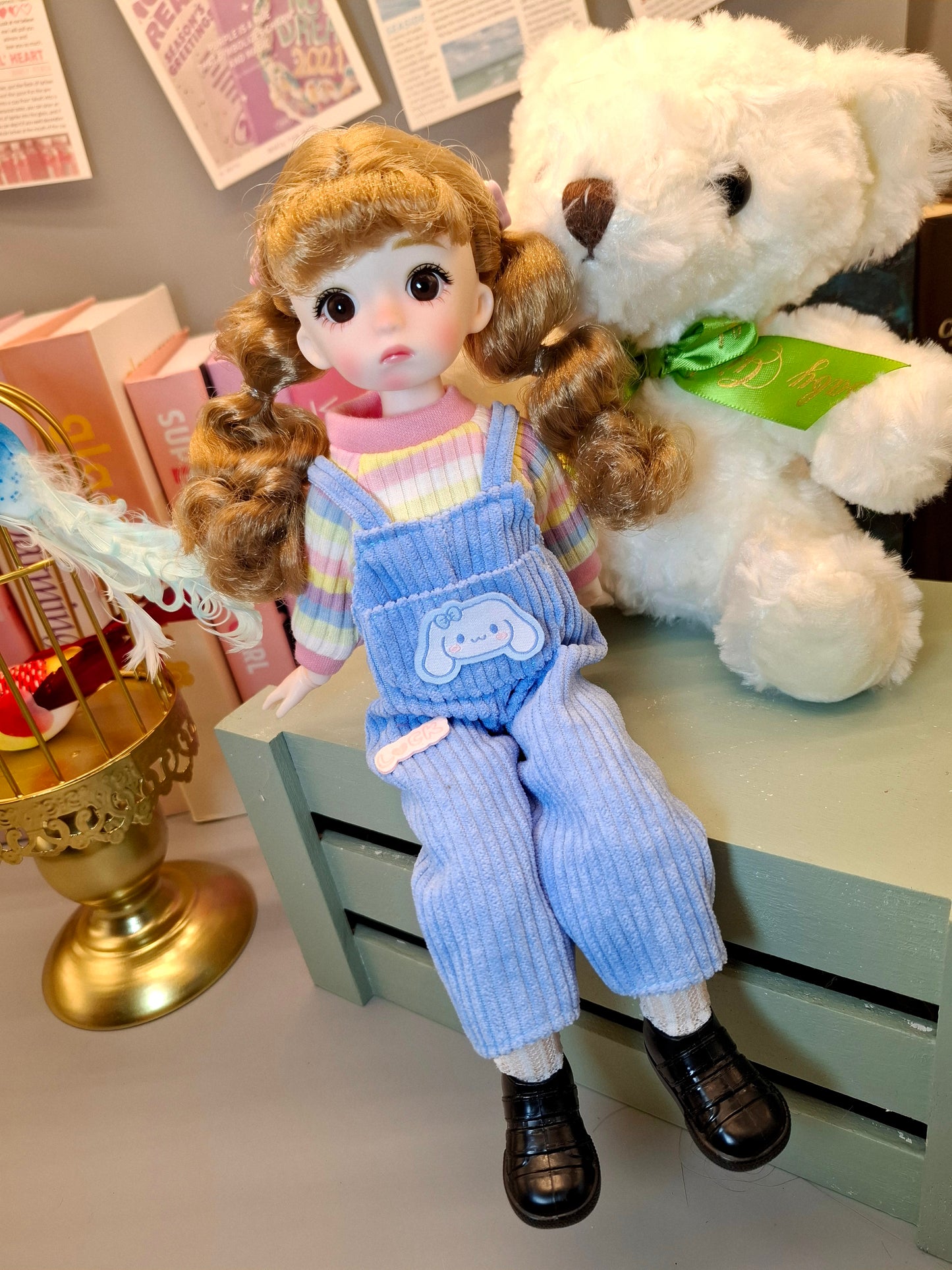 Golden blonde cutie in blue overall 30cm BJD doll