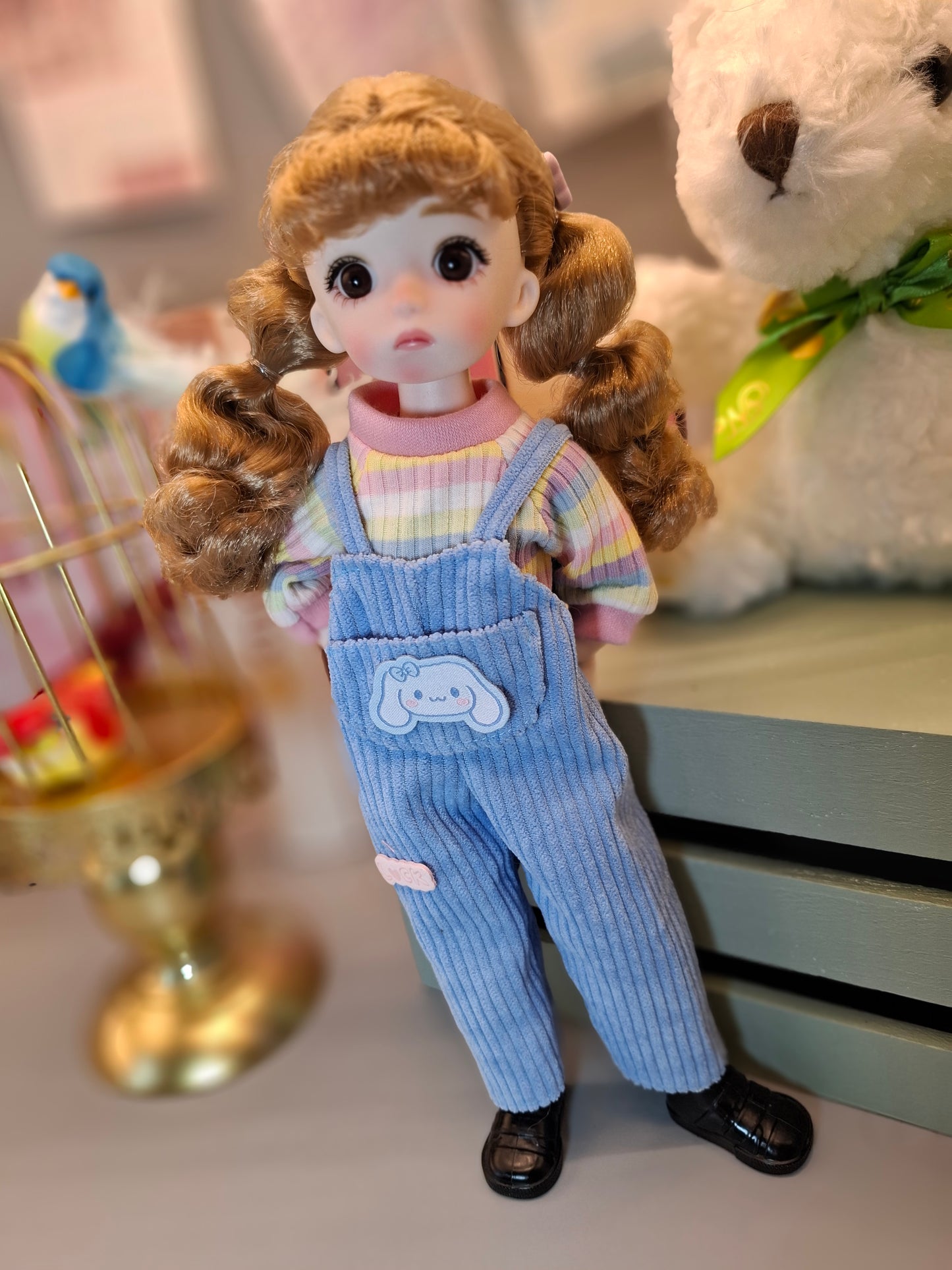 Golden blonde cutie in blue overall 30cm BJD doll