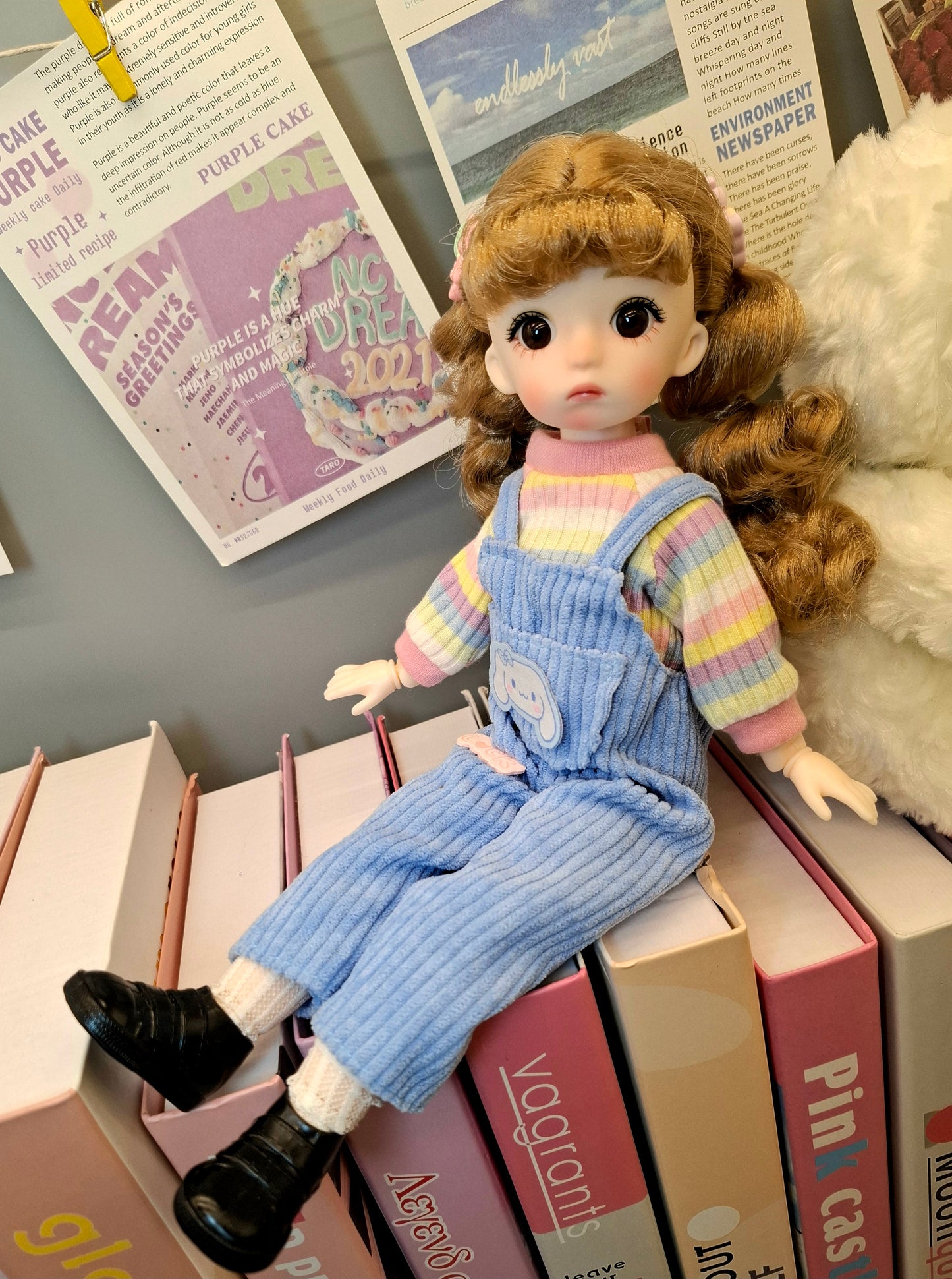 Golden blonde cutie in blue overall 30cm BJD doll