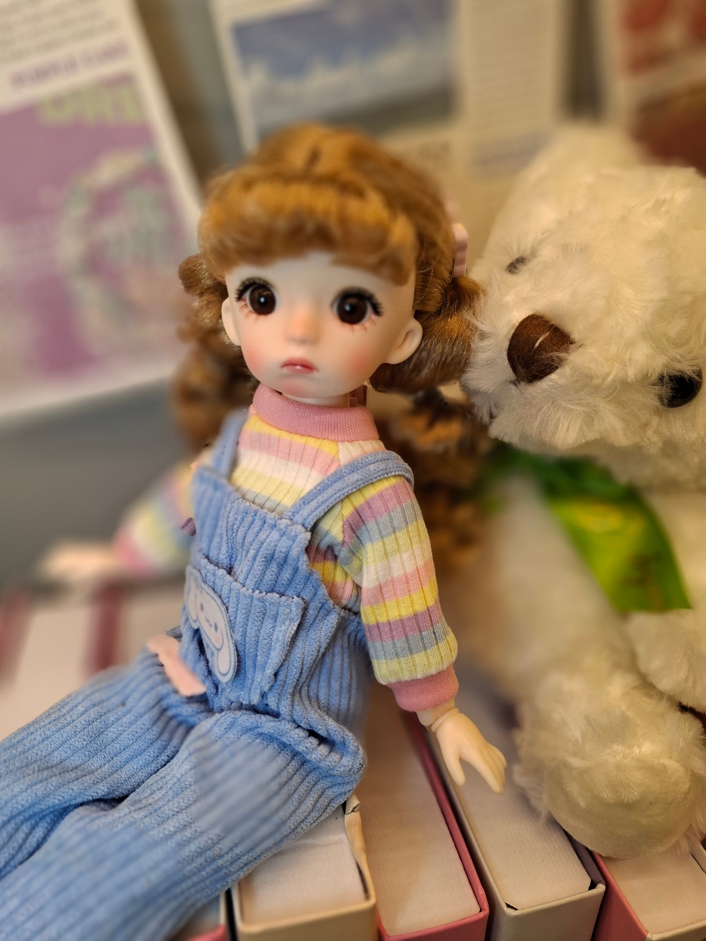 Golden blonde cutie in blue overall 30cm BJD doll