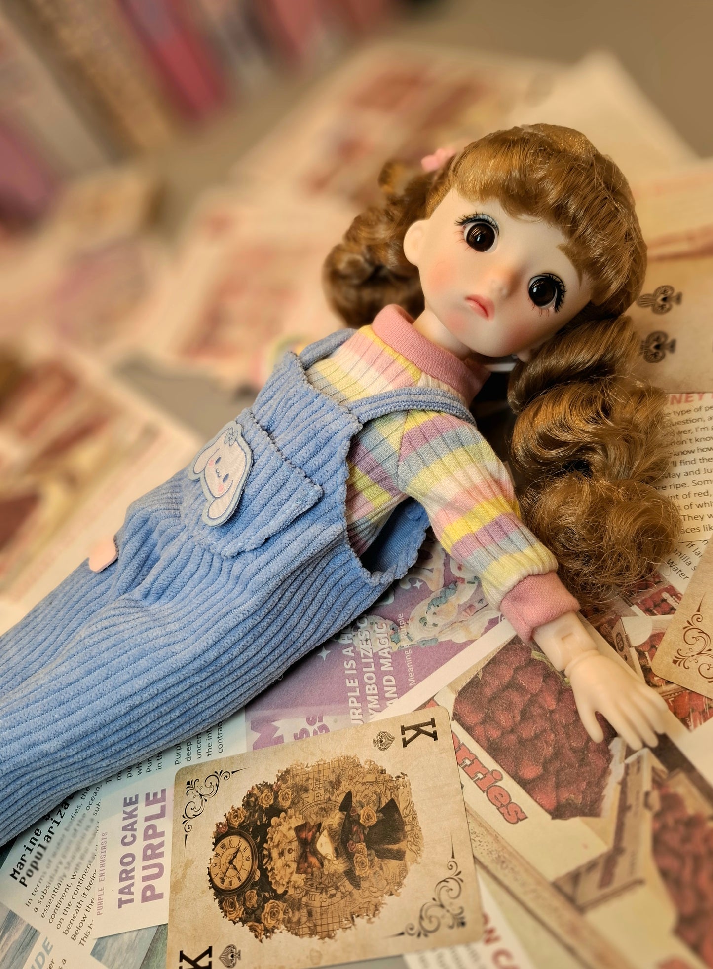 Golden blonde cutie in blue overall 30cm BJD doll