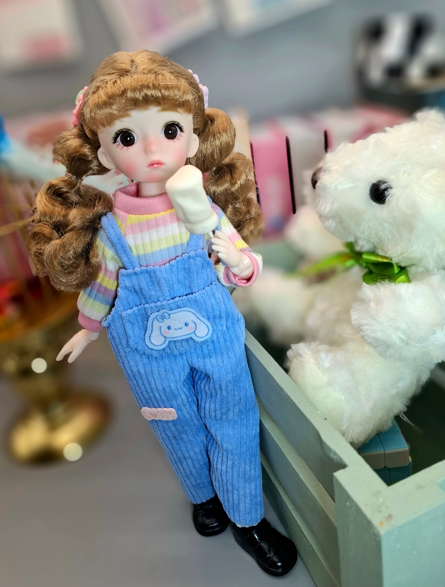 Golden blonde cutie in blue overall 30cm BJD doll