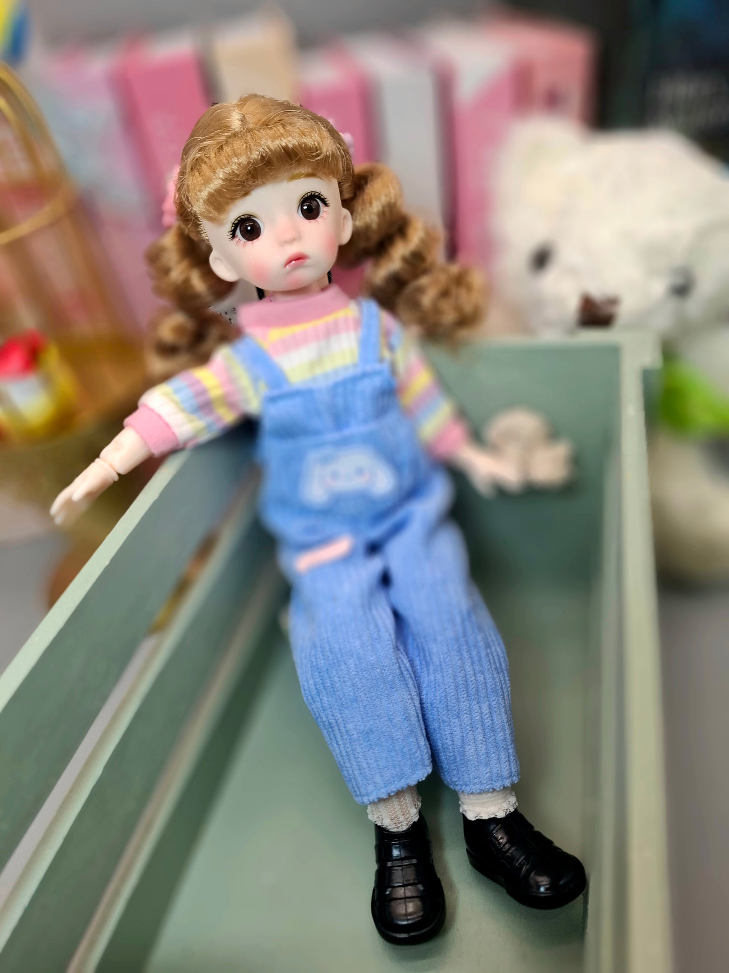 Golden blonde cutie in blue overall 30cm BJD doll