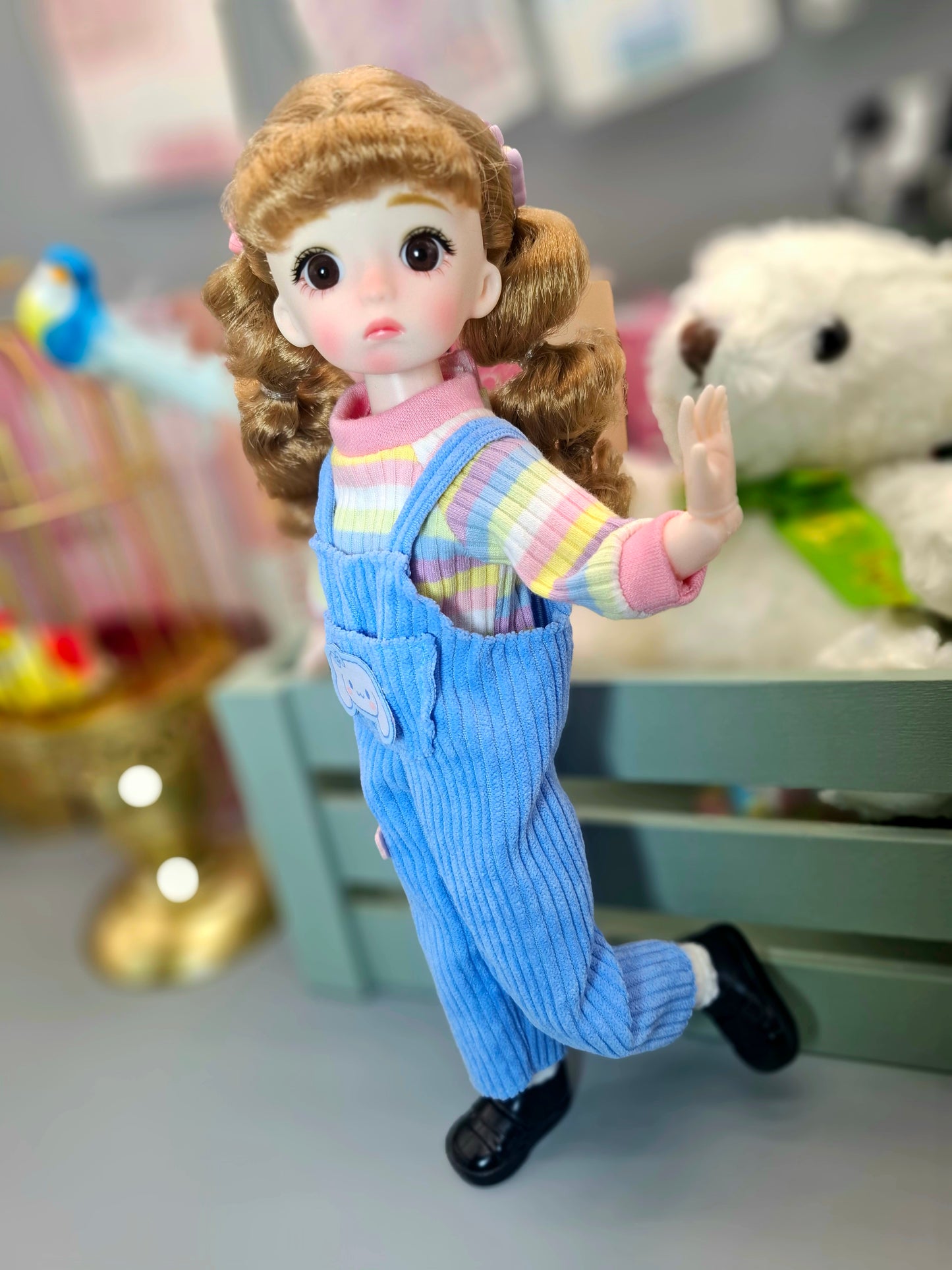 Golden blonde cutie in blue overall 30cm BJD doll