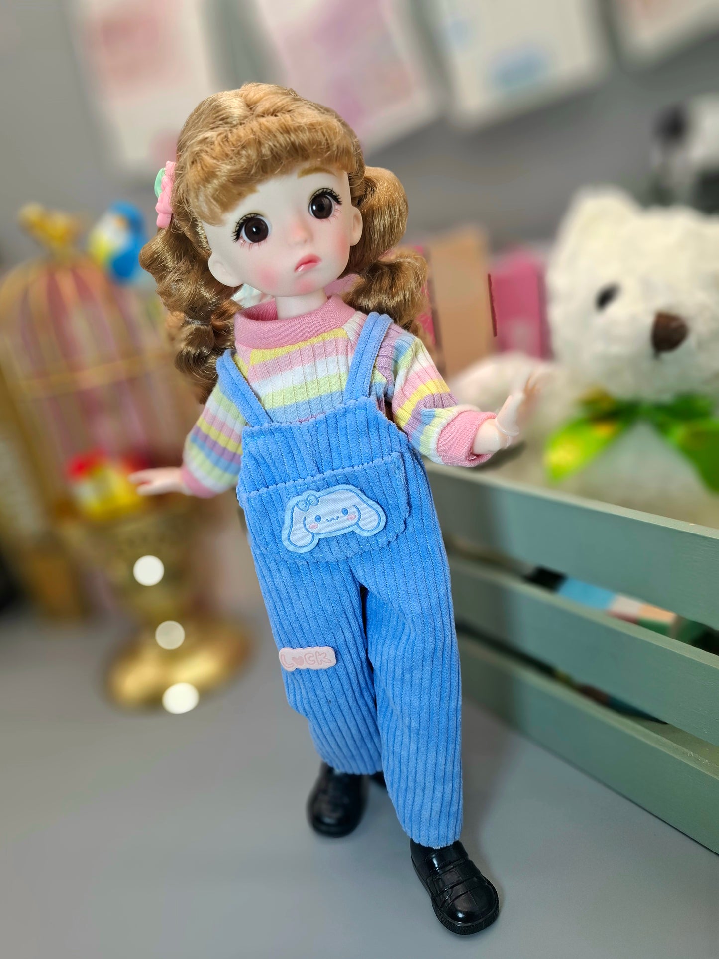 Golden blonde cutie in blue overall 30cm BJD doll
