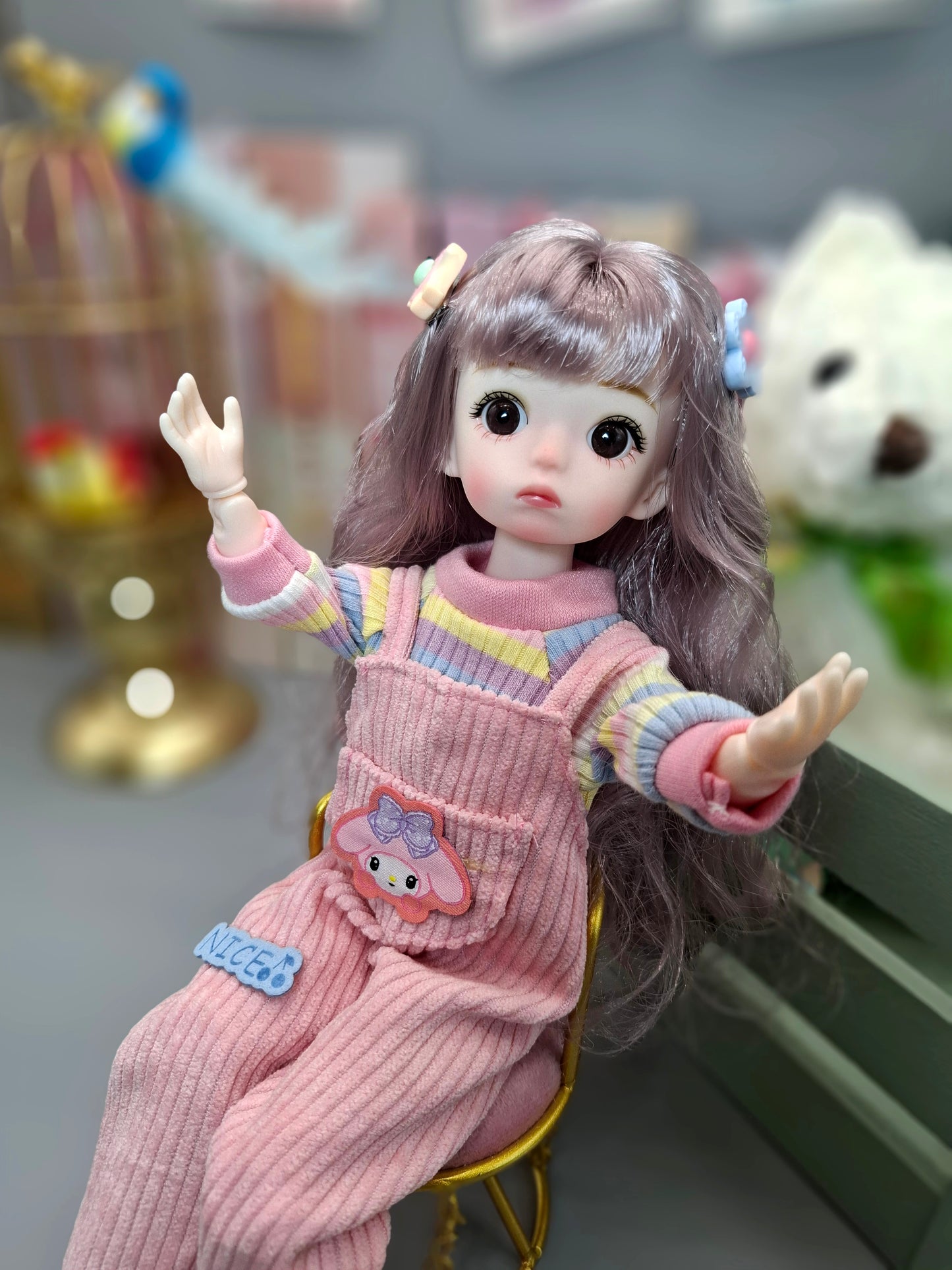 Golden blonde cutie in pink overall 30cm BJD doll