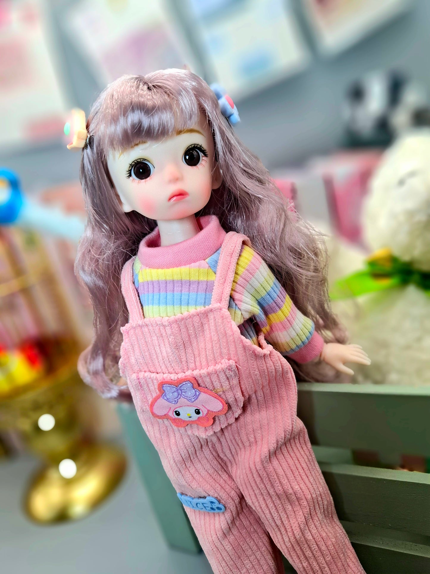 Golden blonde cutie in pink overall 30cm BJD doll
