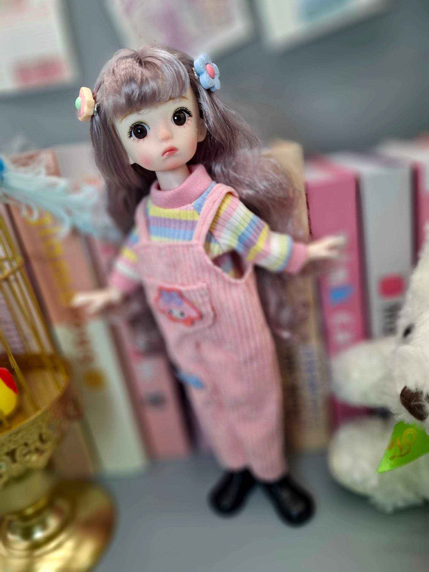 Golden blonde cutie in pink overall 30cm BJD doll