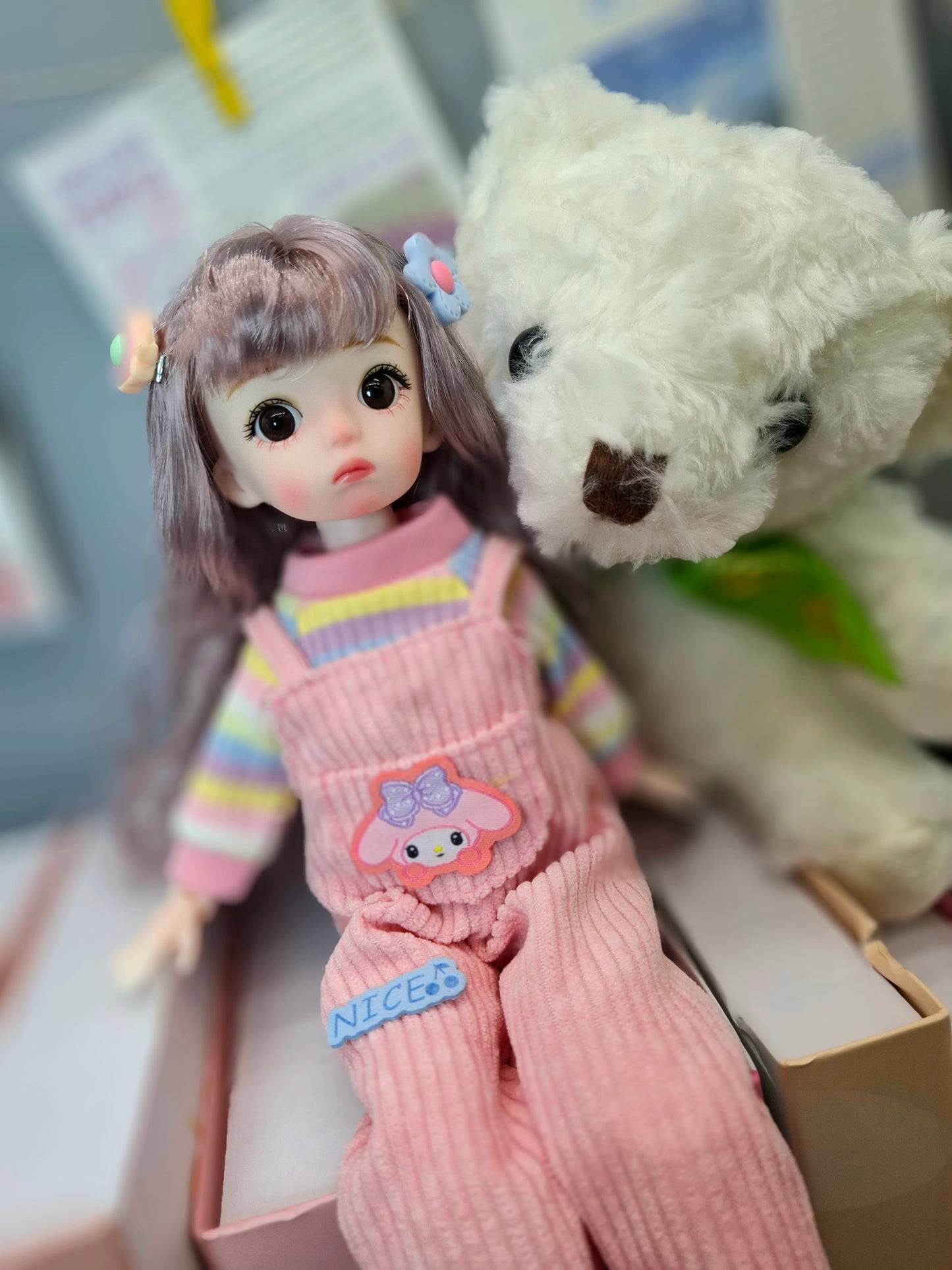 Golden blonde cutie in pink overall 30cm BJD doll