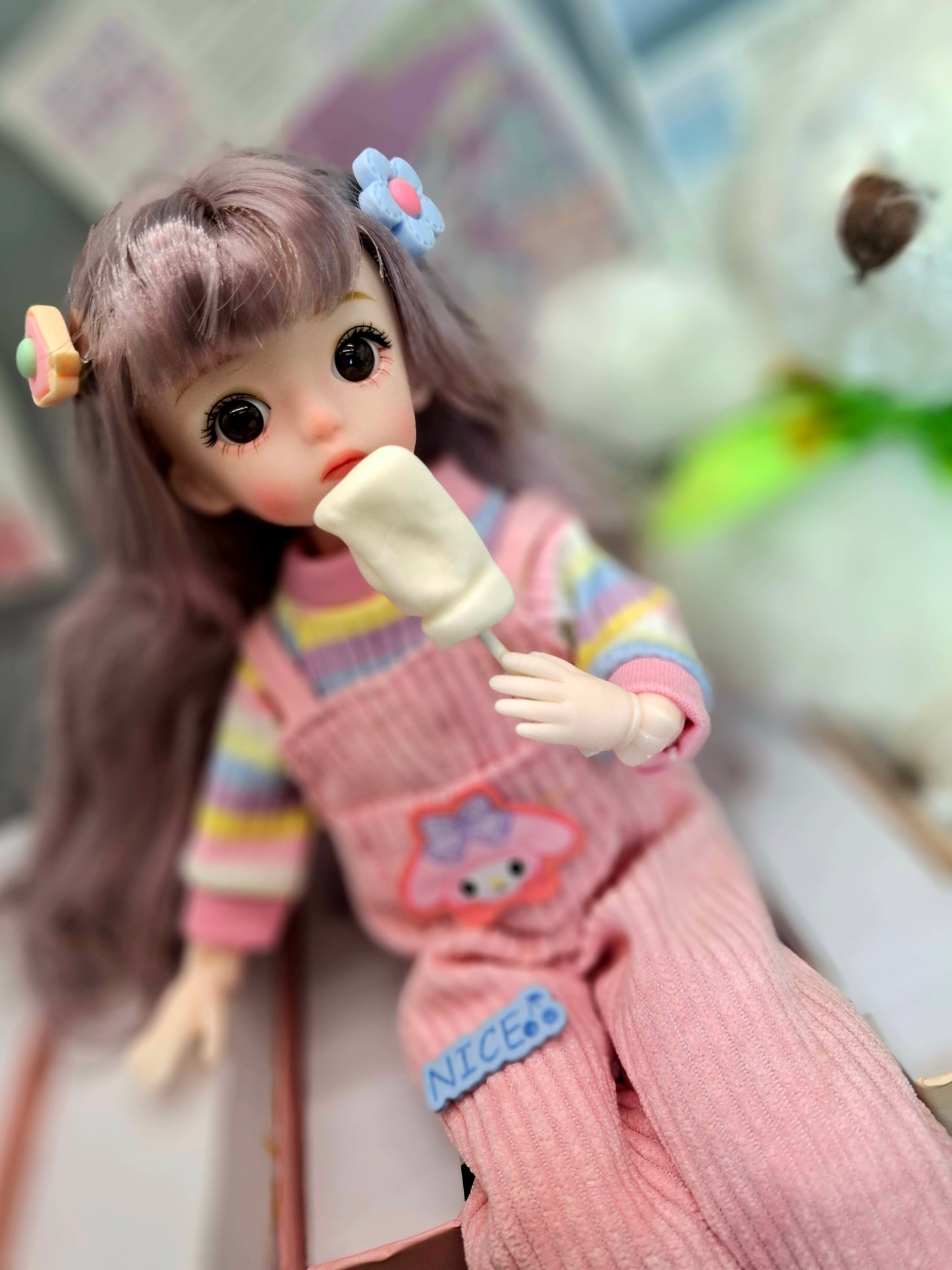 Golden blonde cutie in pink overall 30cm BJD doll