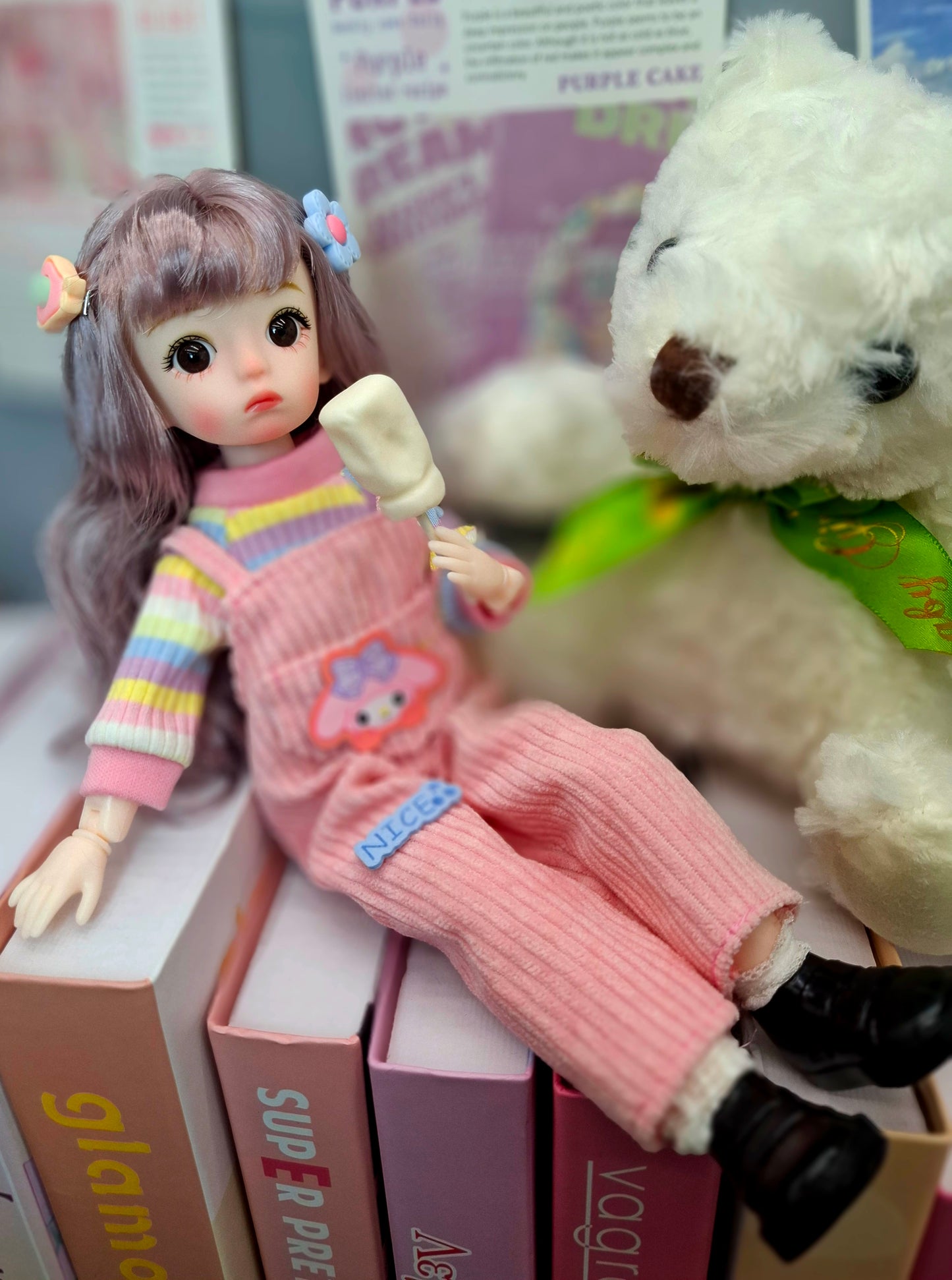 Golden blonde cutie in pink overall 30cm BJD doll