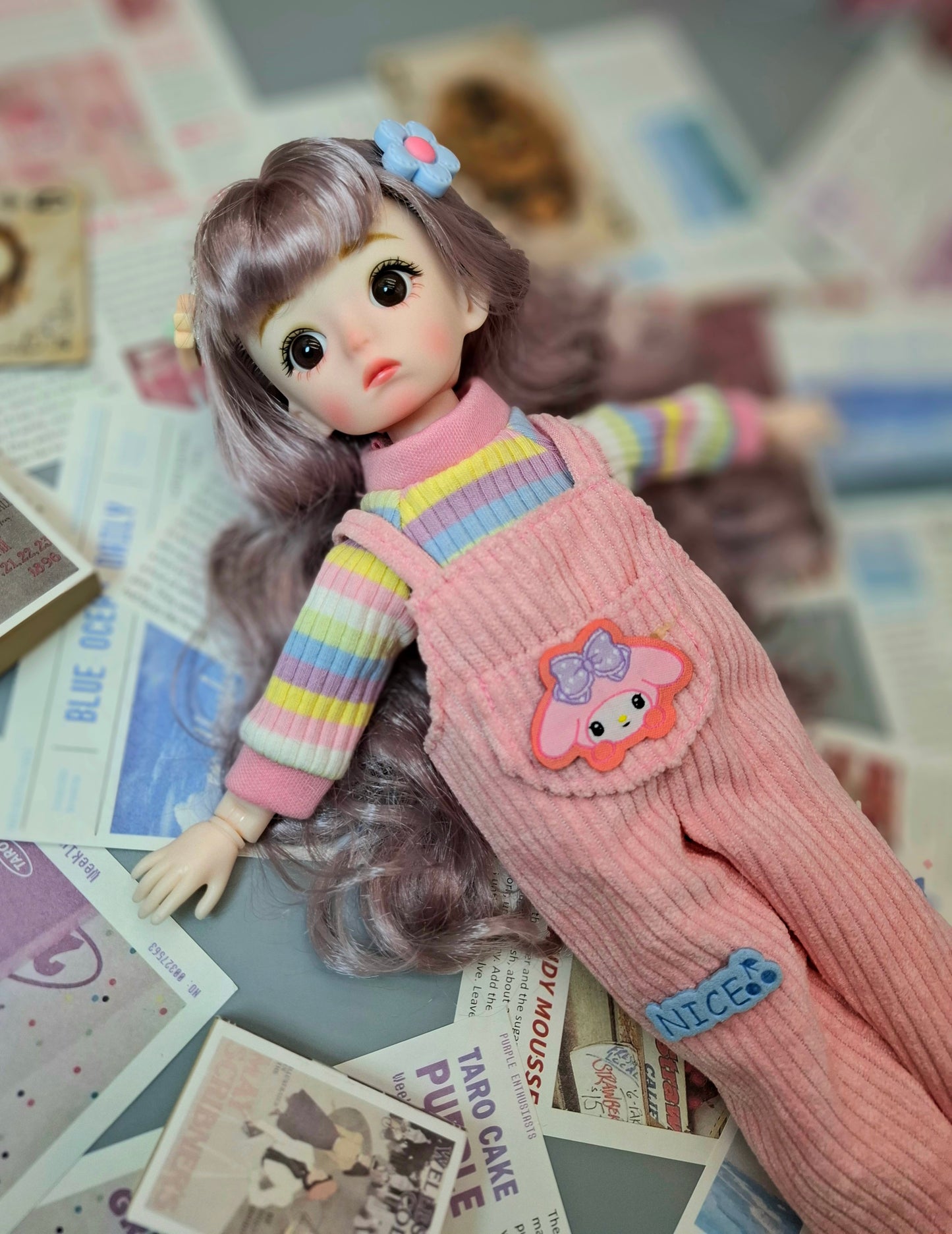 Golden blonde cutie in pink overall 30cm BJD doll