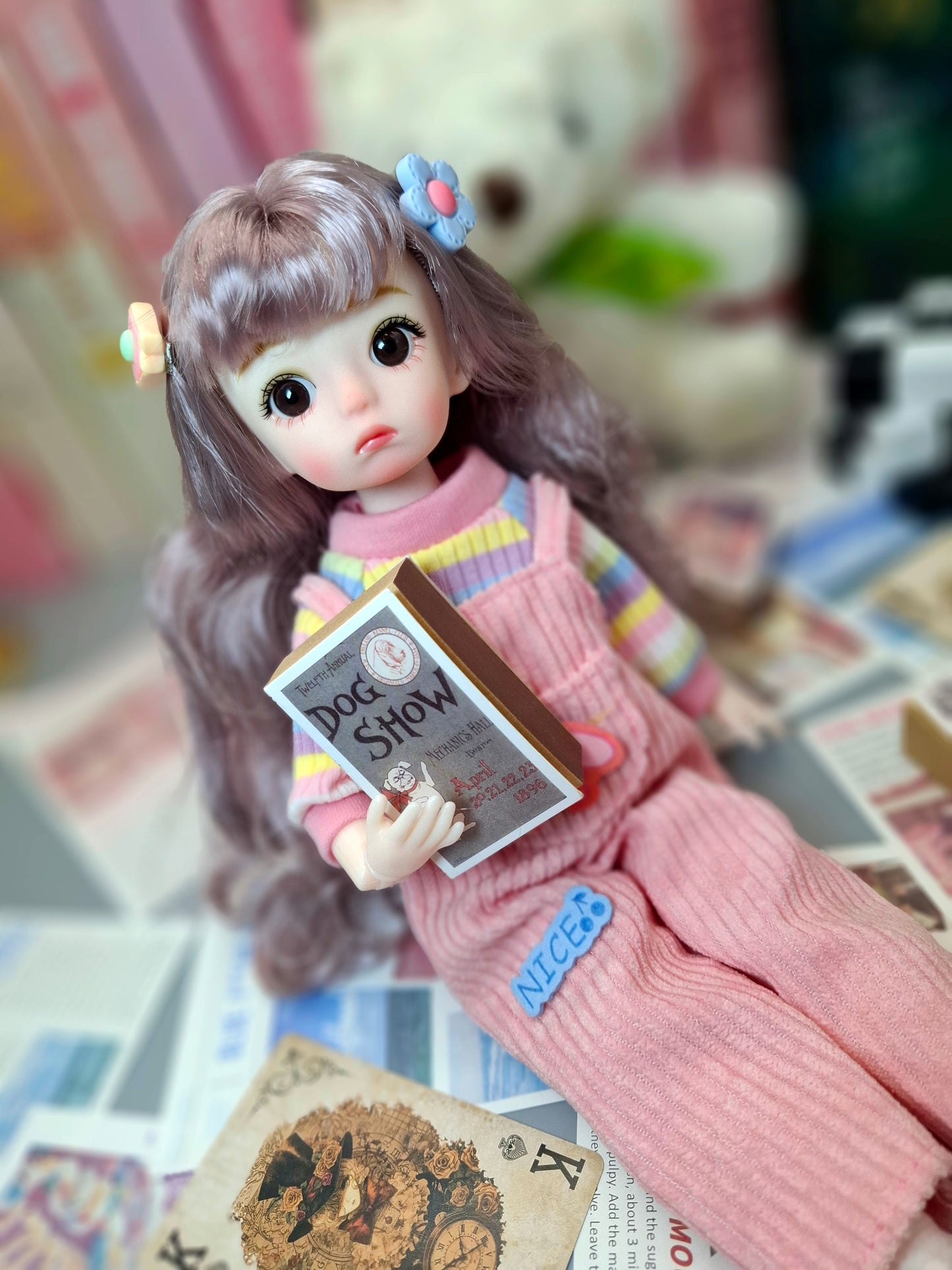 Golden blonde cutie in pink overall 30cm BJD doll