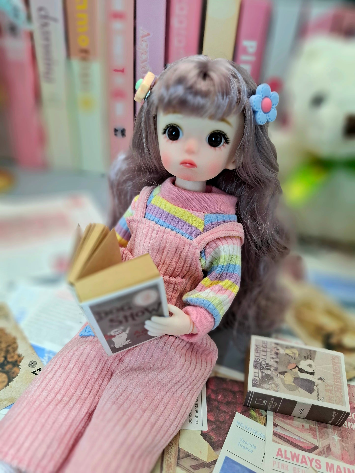 Golden blonde cutie in pink overall 30cm BJD doll