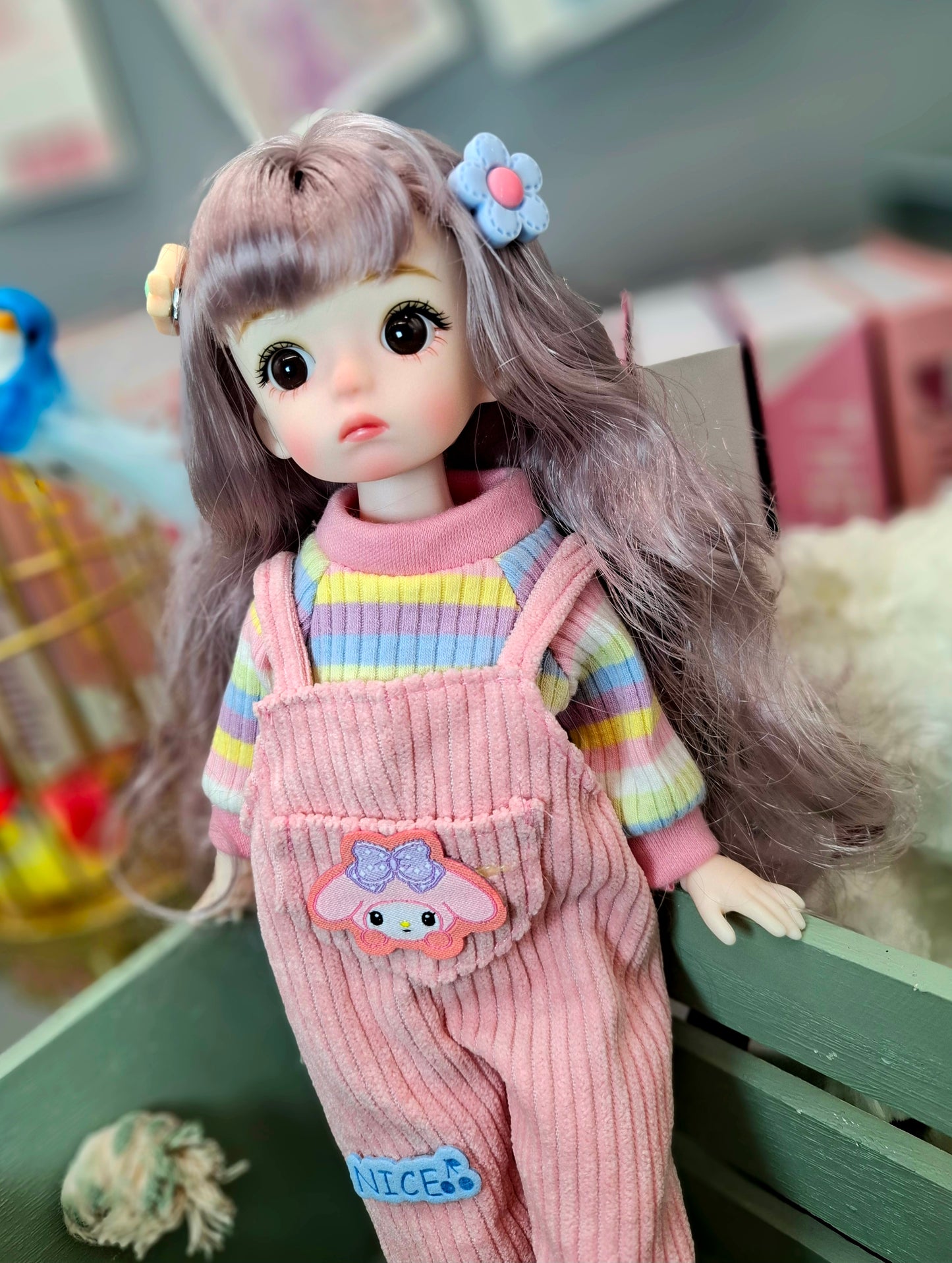 Golden blonde cutie in pink overall 30cm BJD doll