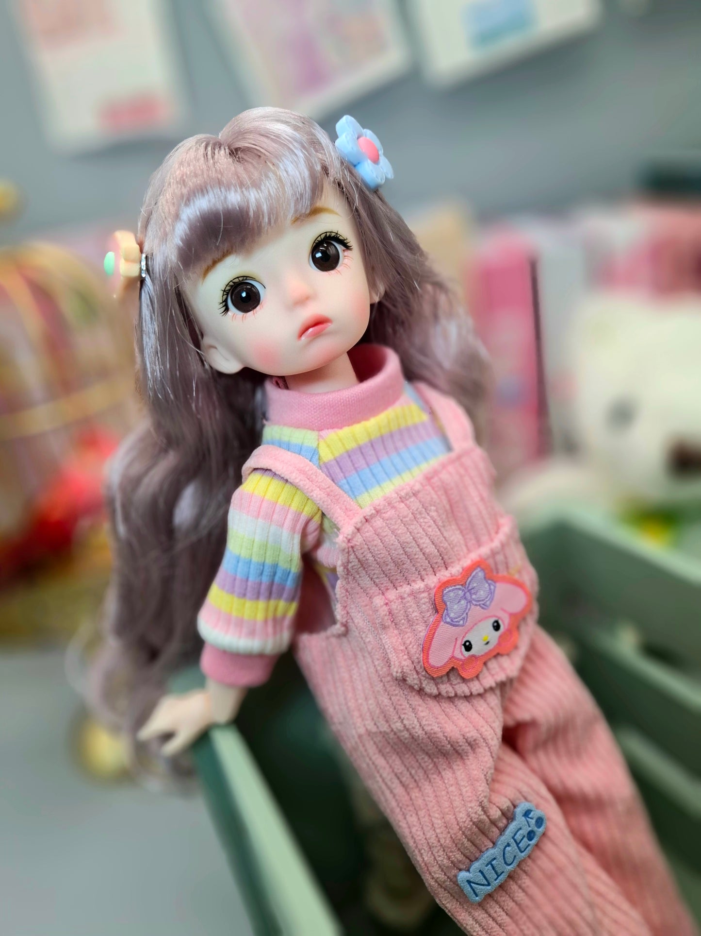 Golden blonde cutie in pink overall 30cm BJD doll