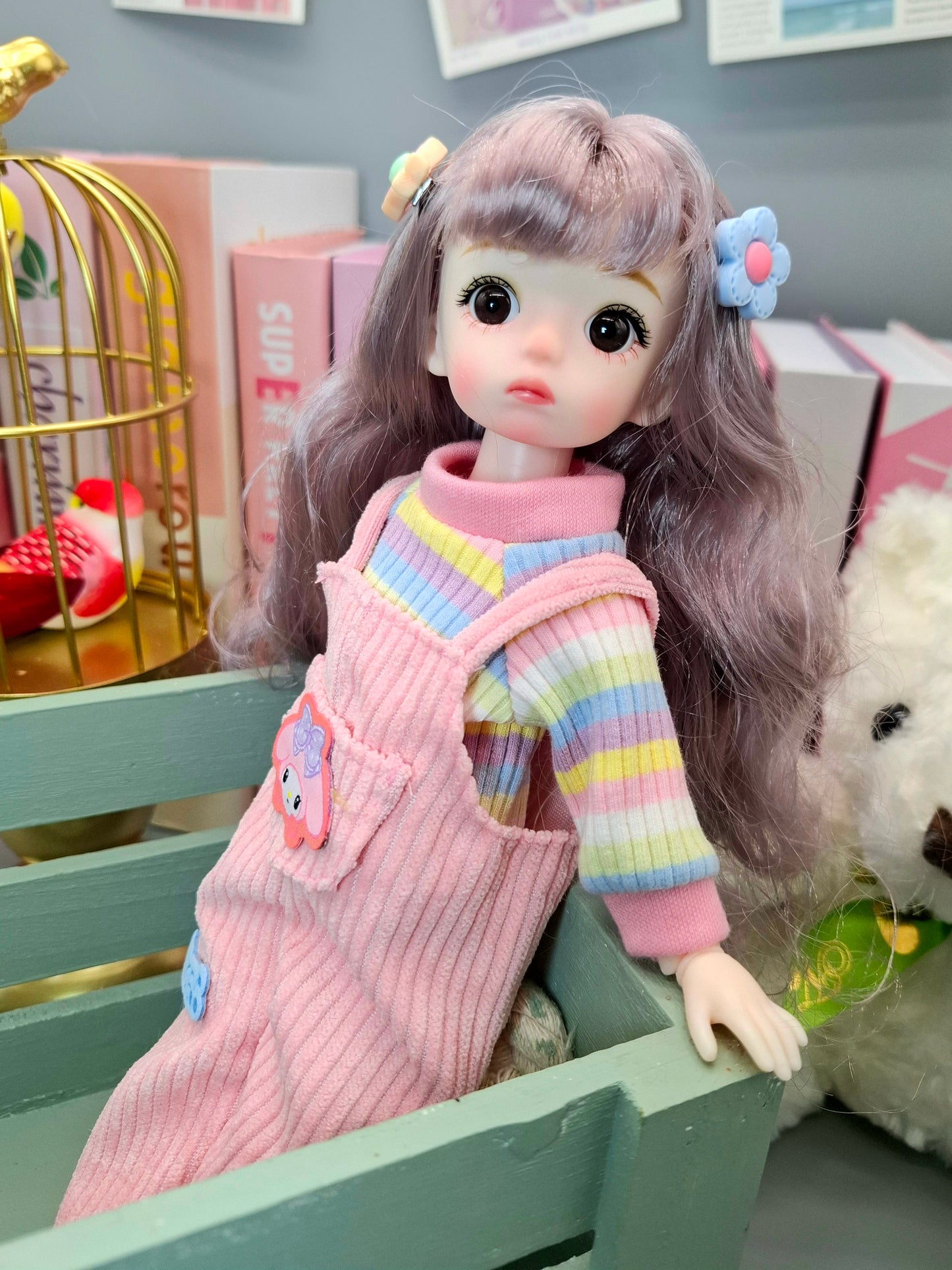 Golden blonde cutie in pink overall 30cm BJD doll