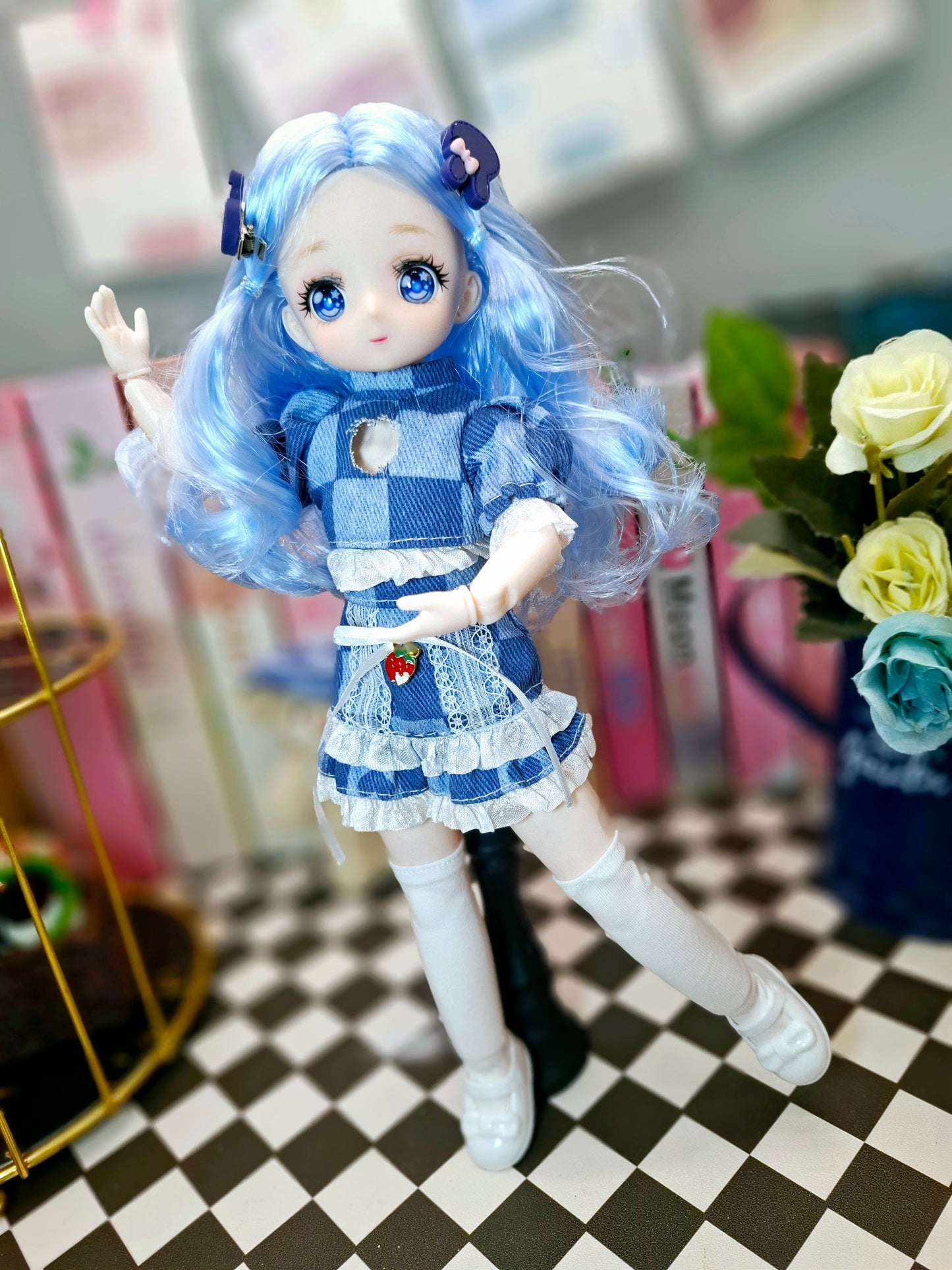 Blue Hair Anime Manga Doll in Blue Jeans 30cm BJD Doll