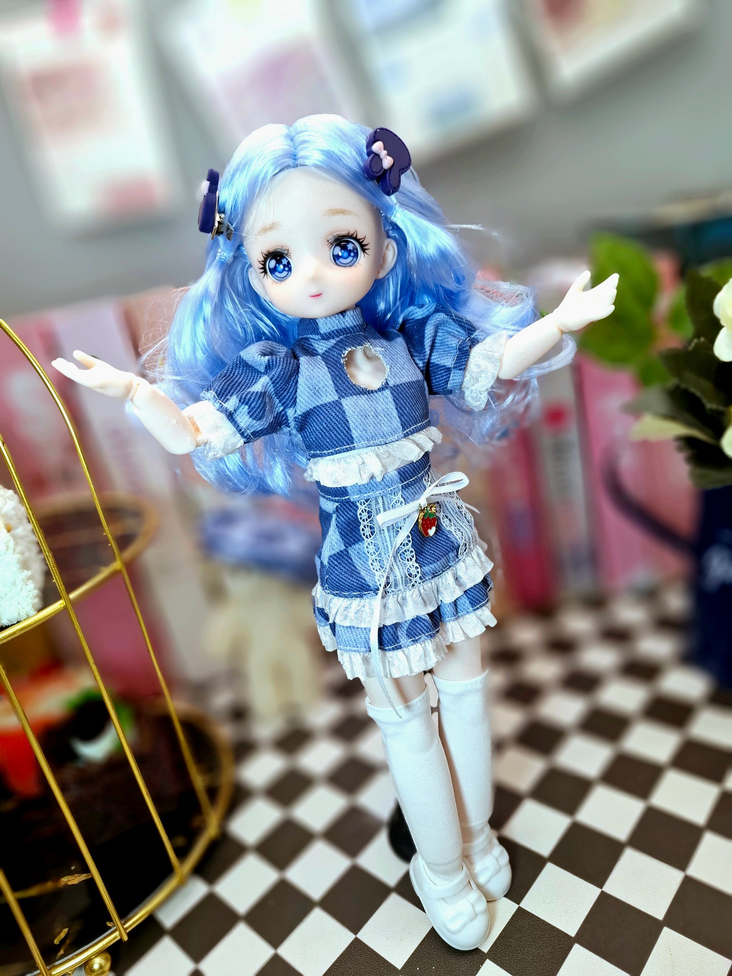 Blue Hair Anime Manga Doll in Blue Jeans 30cm BJD Doll
