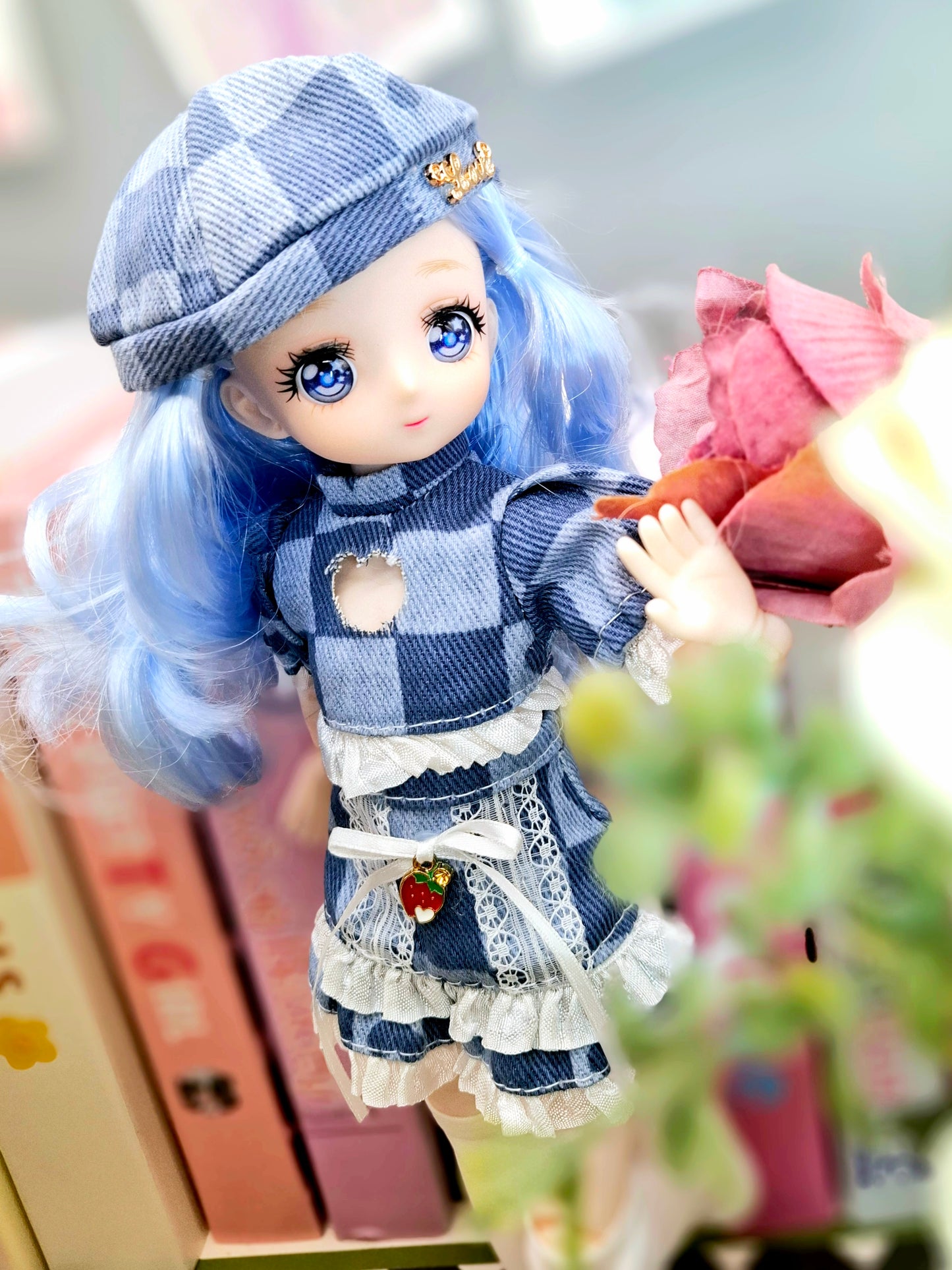 Blue Hair Anime Manga Doll in Blue Jeans 30cm BJD Doll