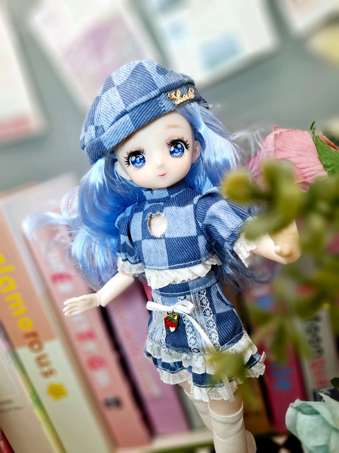 Blue Hair Anime Manga Doll in Blue Jeans 30cm BJD Doll