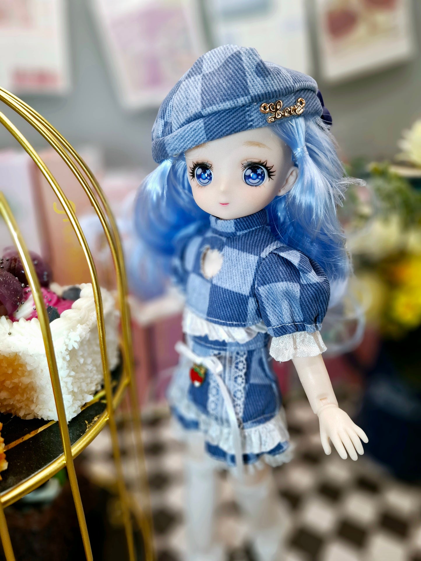 Blue Hair Anime Manga Doll in Blue Jeans 30cm BJD Doll