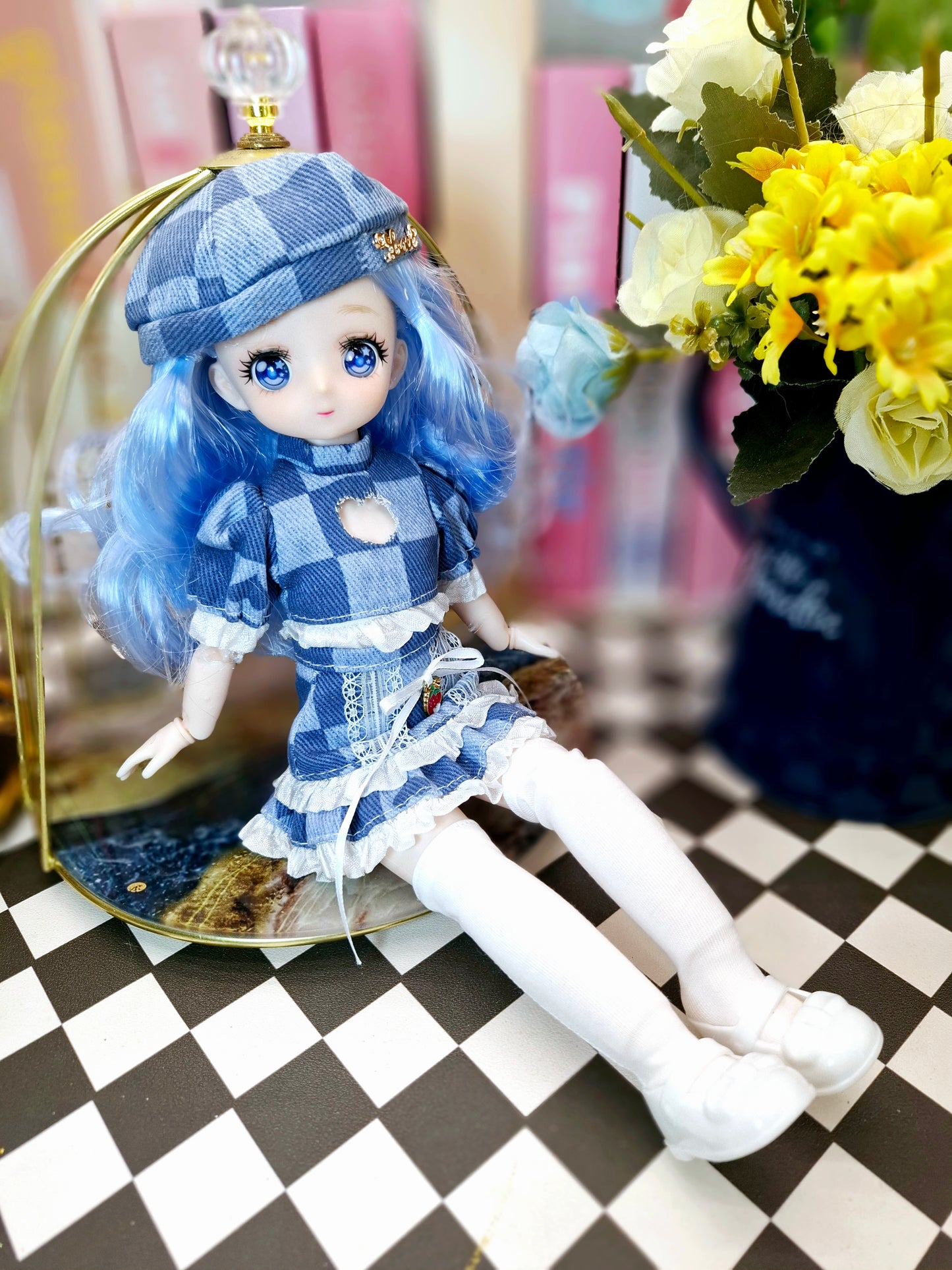Blue Hair Anime Manga Doll in Blue Jeans 30cm BJD Doll