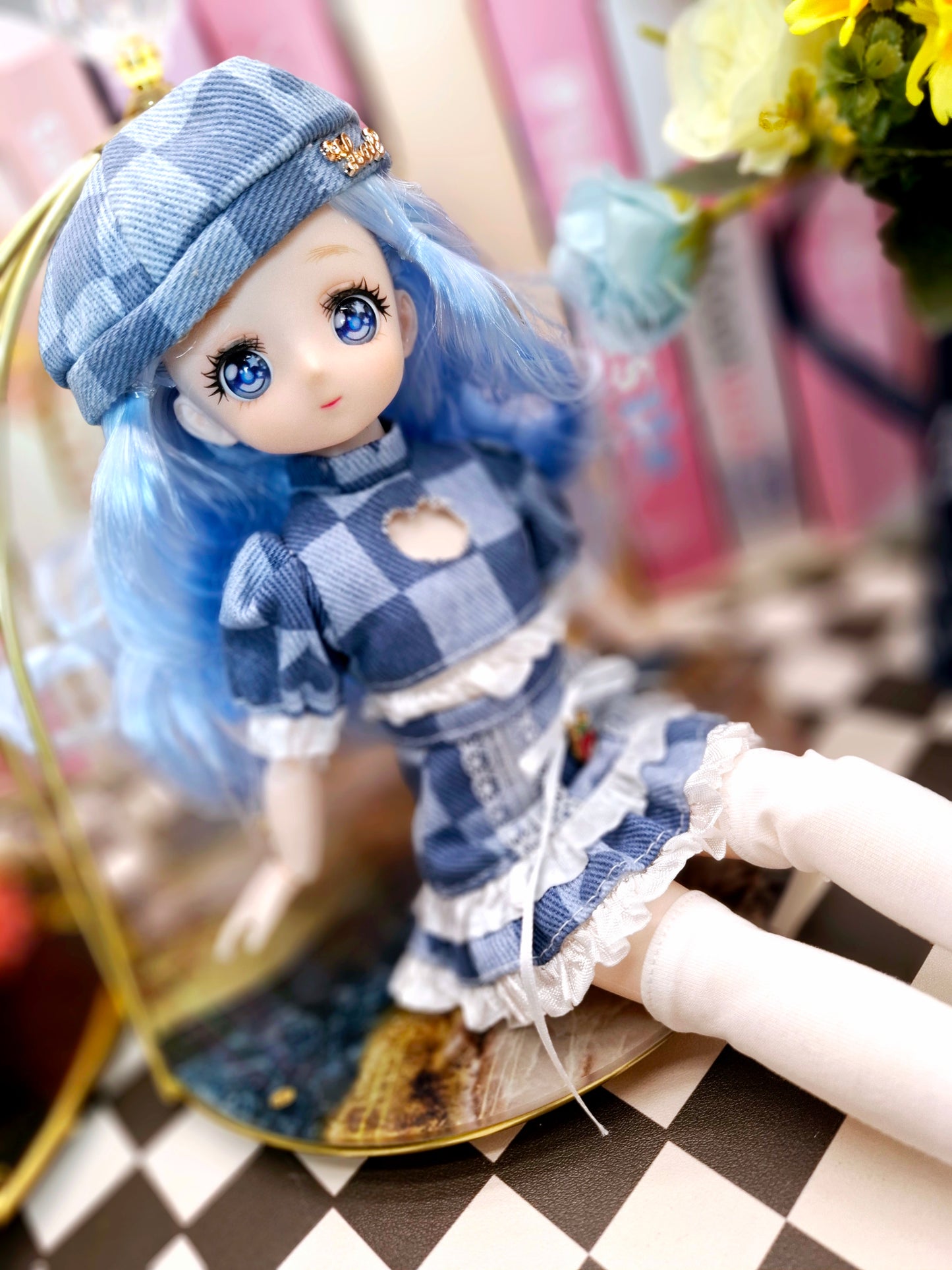 Blue Hair Anime Manga Doll in Blue Jeans 30cm BJD Doll
