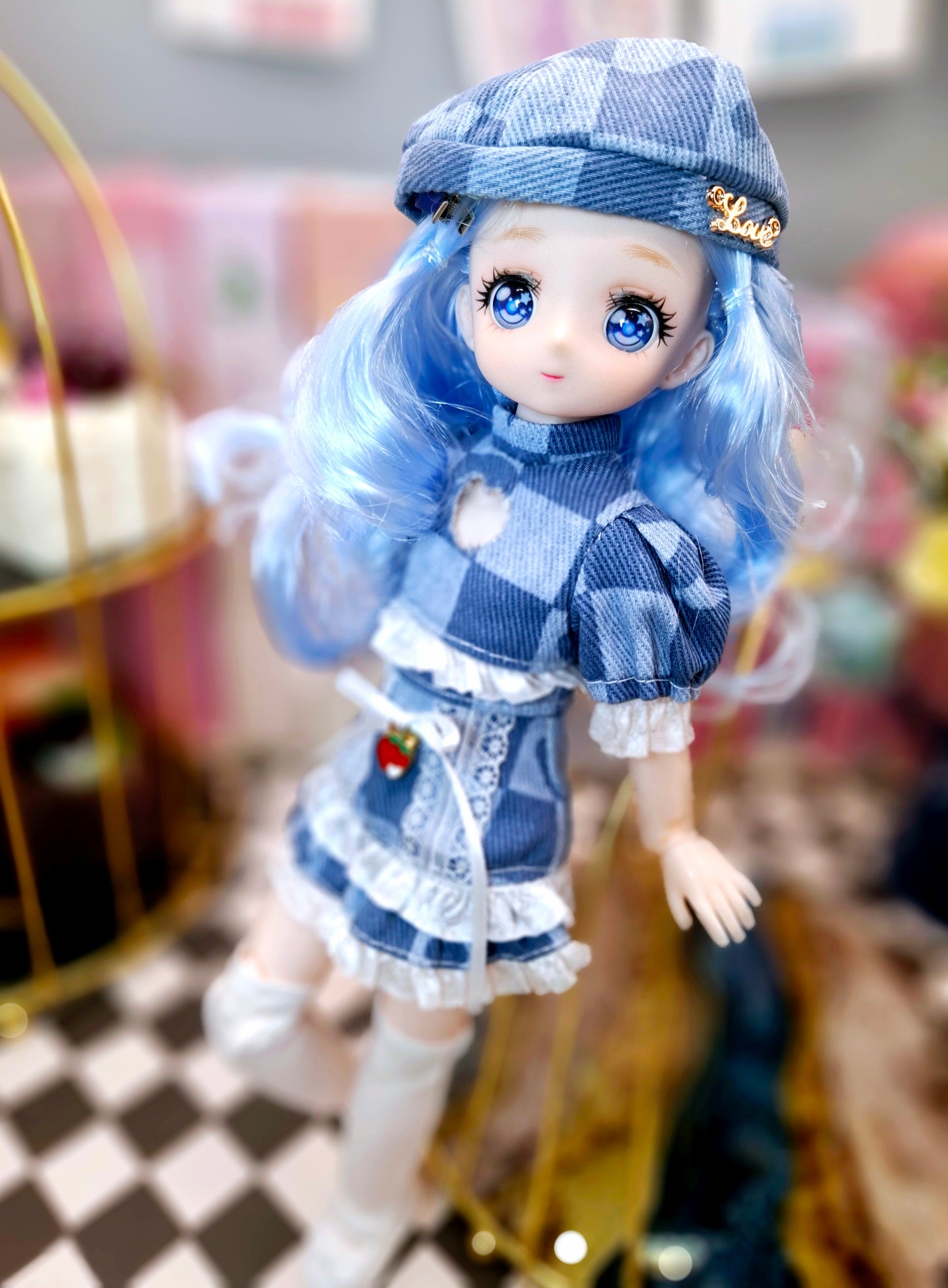 Blue Hair Anime Manga Doll in Blue Jeans 30cm BJD Doll
