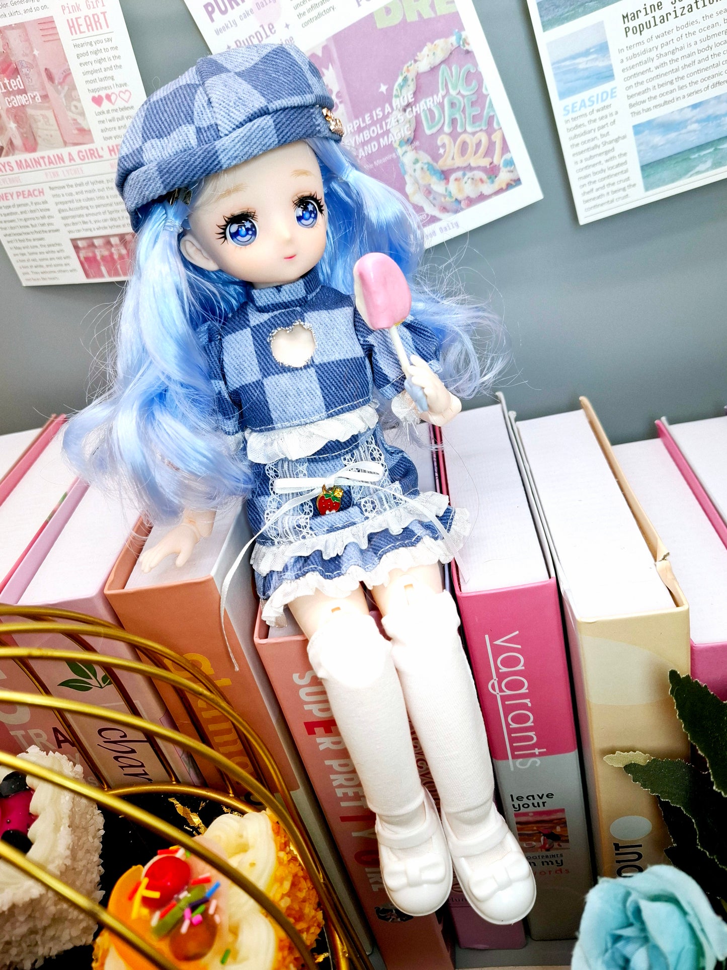 Blue Hair Anime Manga Doll in Blue Jeans 30cm BJD Doll
