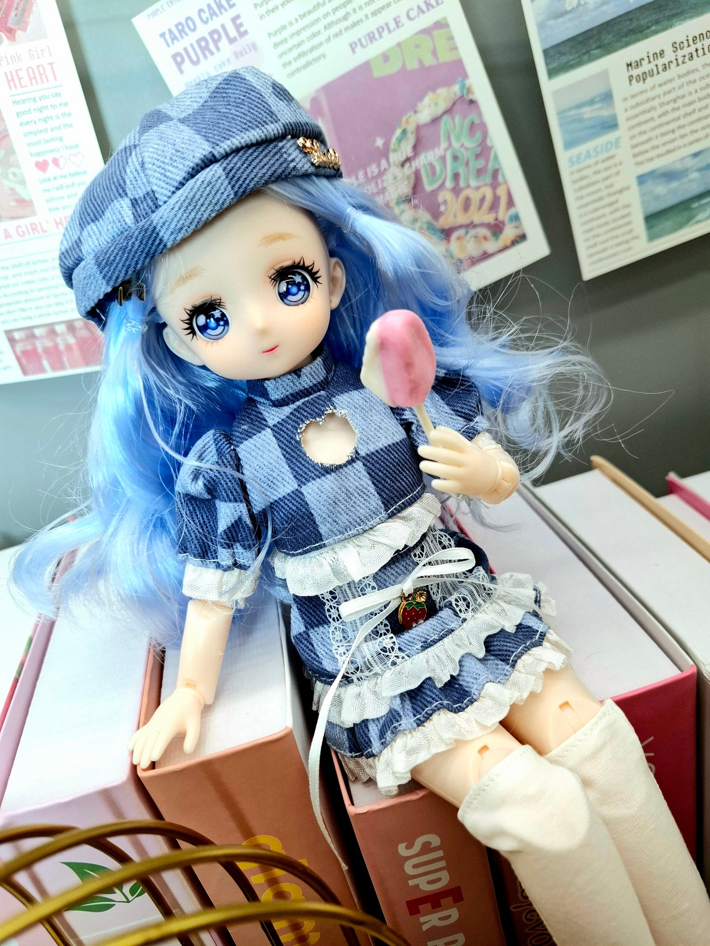 Blue Hair Anime Manga Doll in Blue Jeans 30cm BJD Doll