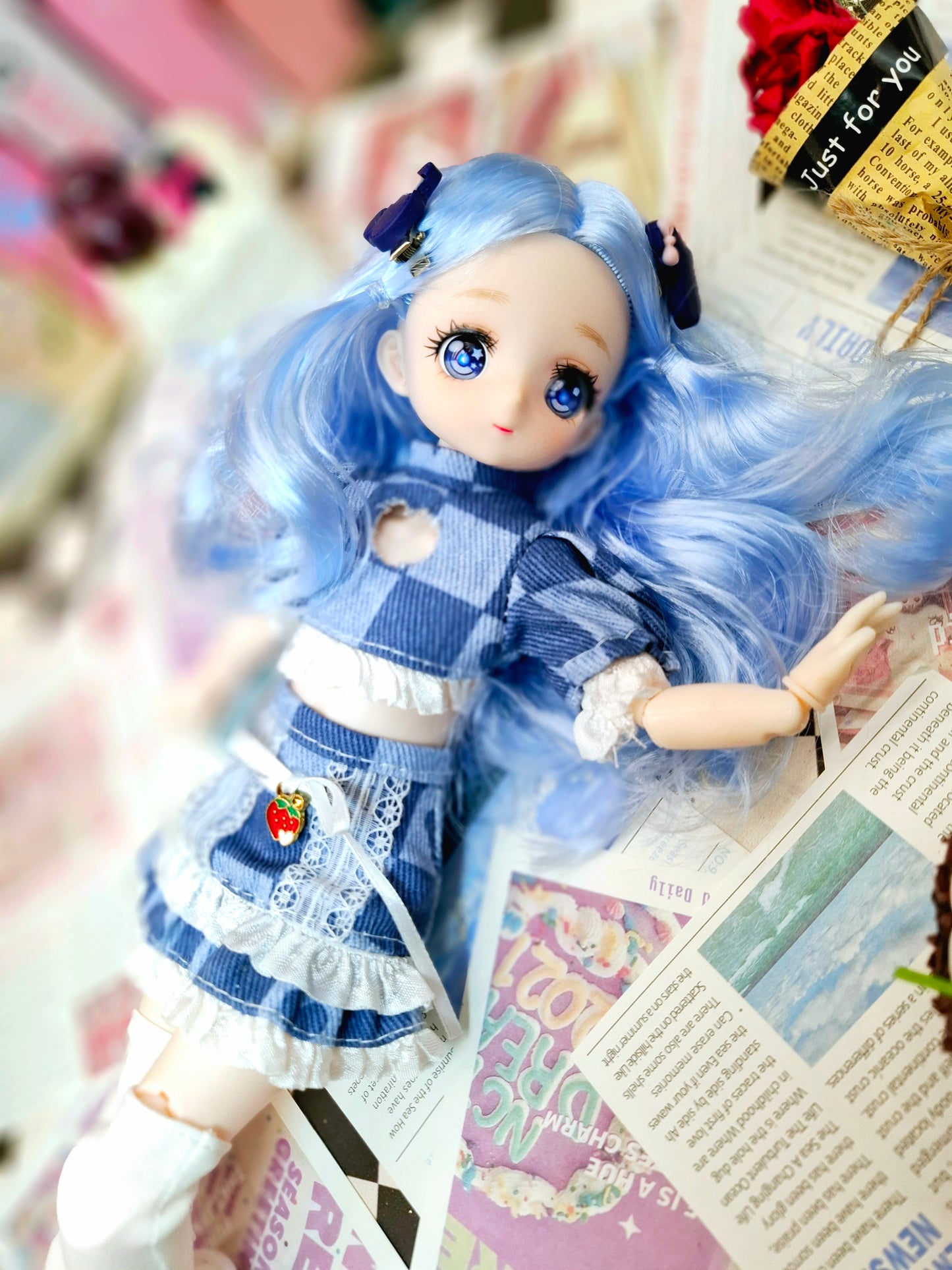 Blue Hair Anime Manga Doll in Blue Jeans 30cm BJD Doll