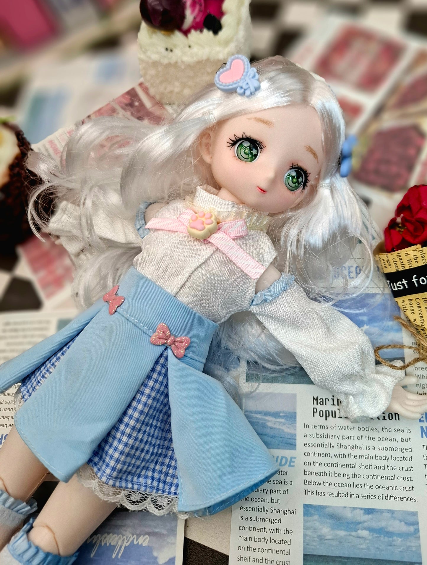 Silky White Hair Anime Manga Doll Green Eyes 30cm BJD Doll