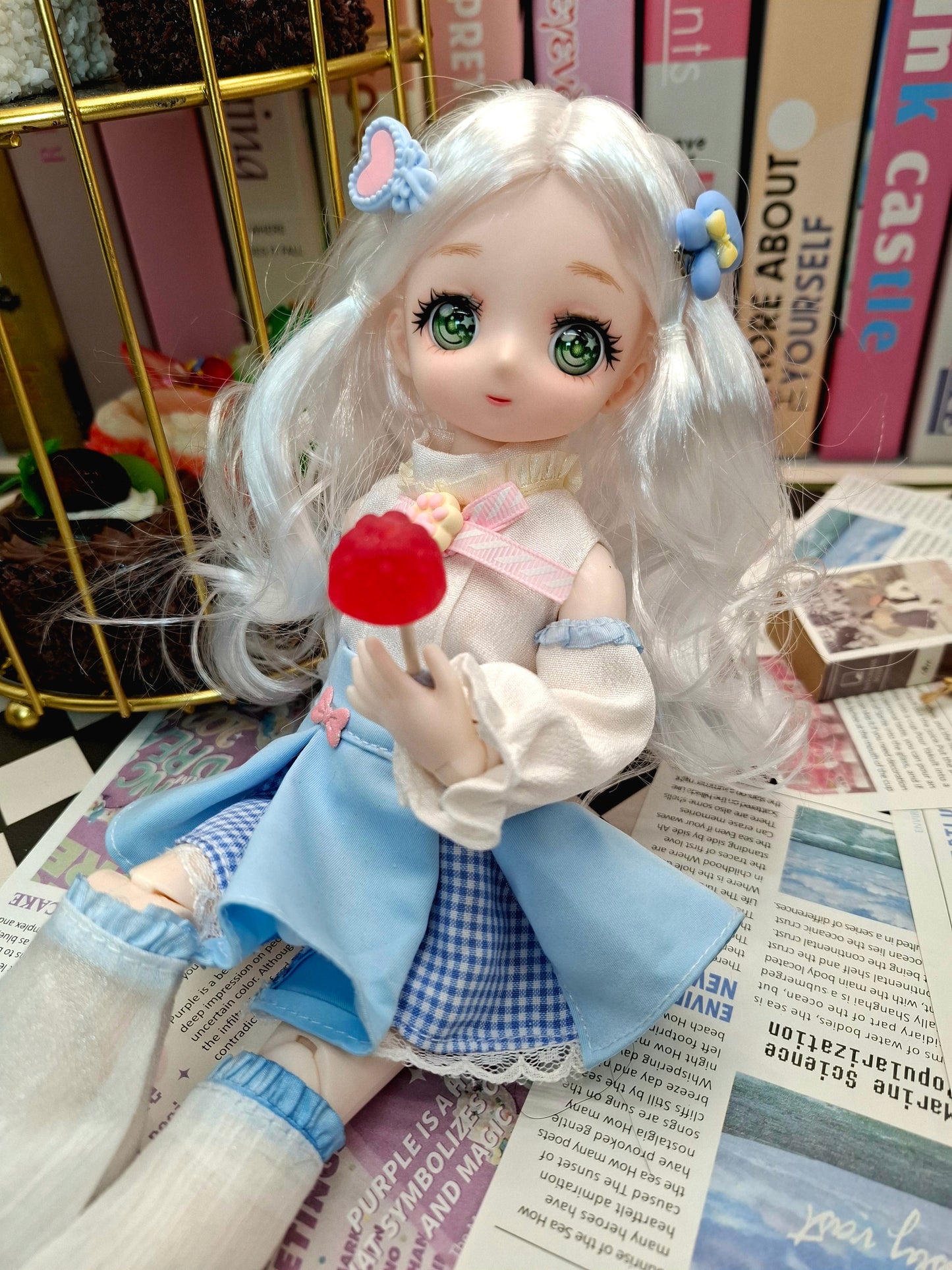 Silky White Hair Anime Manga Doll Green Eyes 30cm BJD Doll