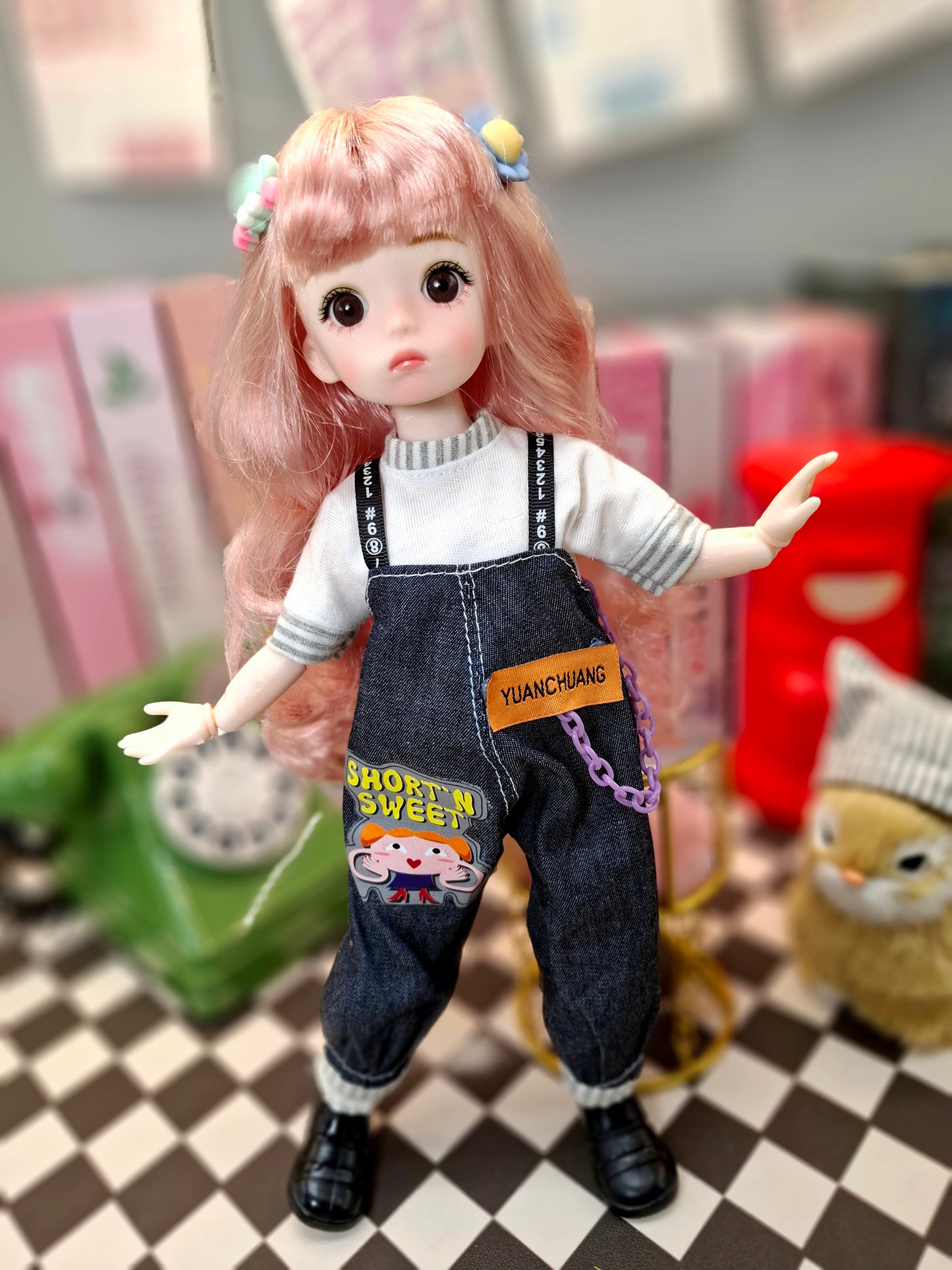 Pink hair cutie in blue jeans overall 30cm BJD doll