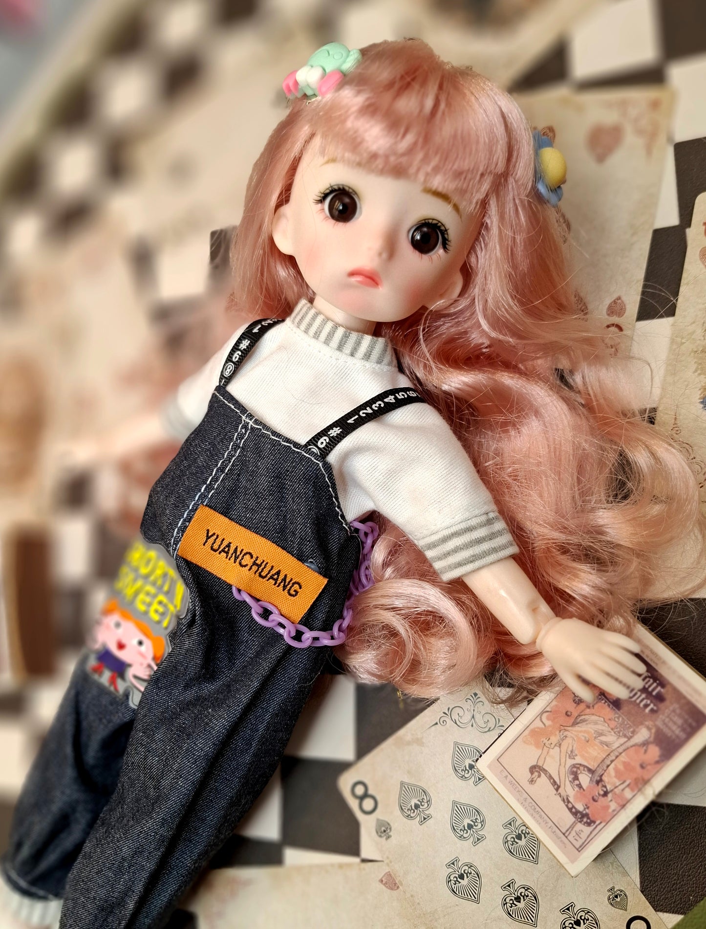 Pink hair cutie in blue jeans overall 30cm BJD doll