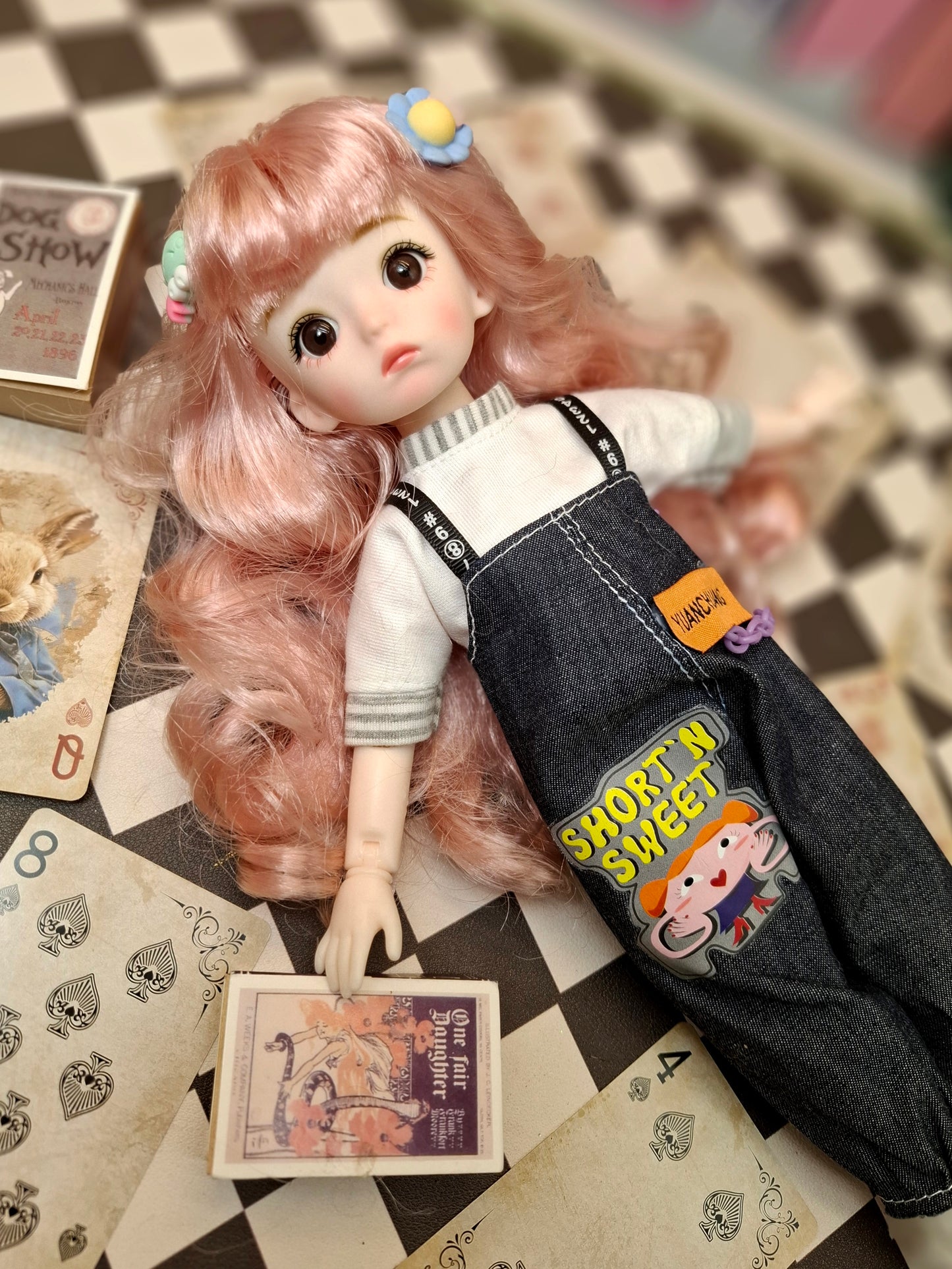 Pink hair cutie in blue jeans overall 30cm BJD doll