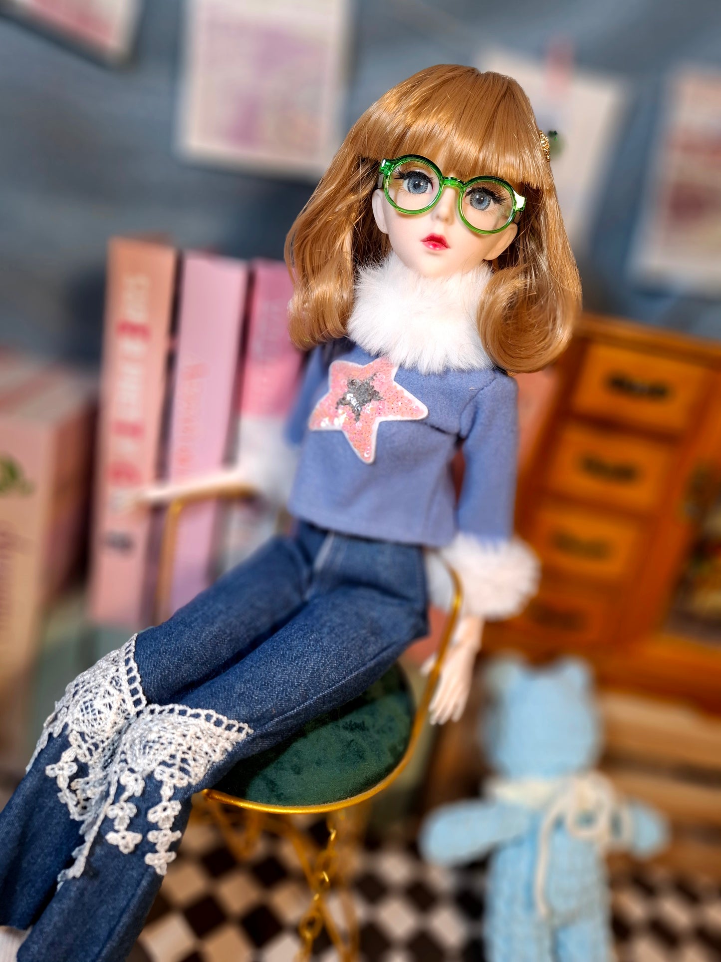 Nostalgic Golden Blonde Girl in Flared Blue Jeans with Vintage Glasses 1/3 60cm BJD Doll
