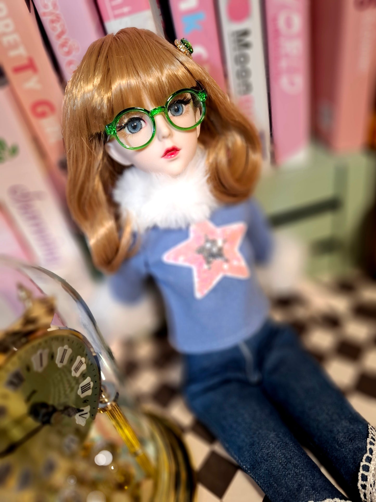 Nostalgic Golden Blonde Girl in Flared Blue Jeans with Vintage Glasses 1/3 60cm BJD Doll