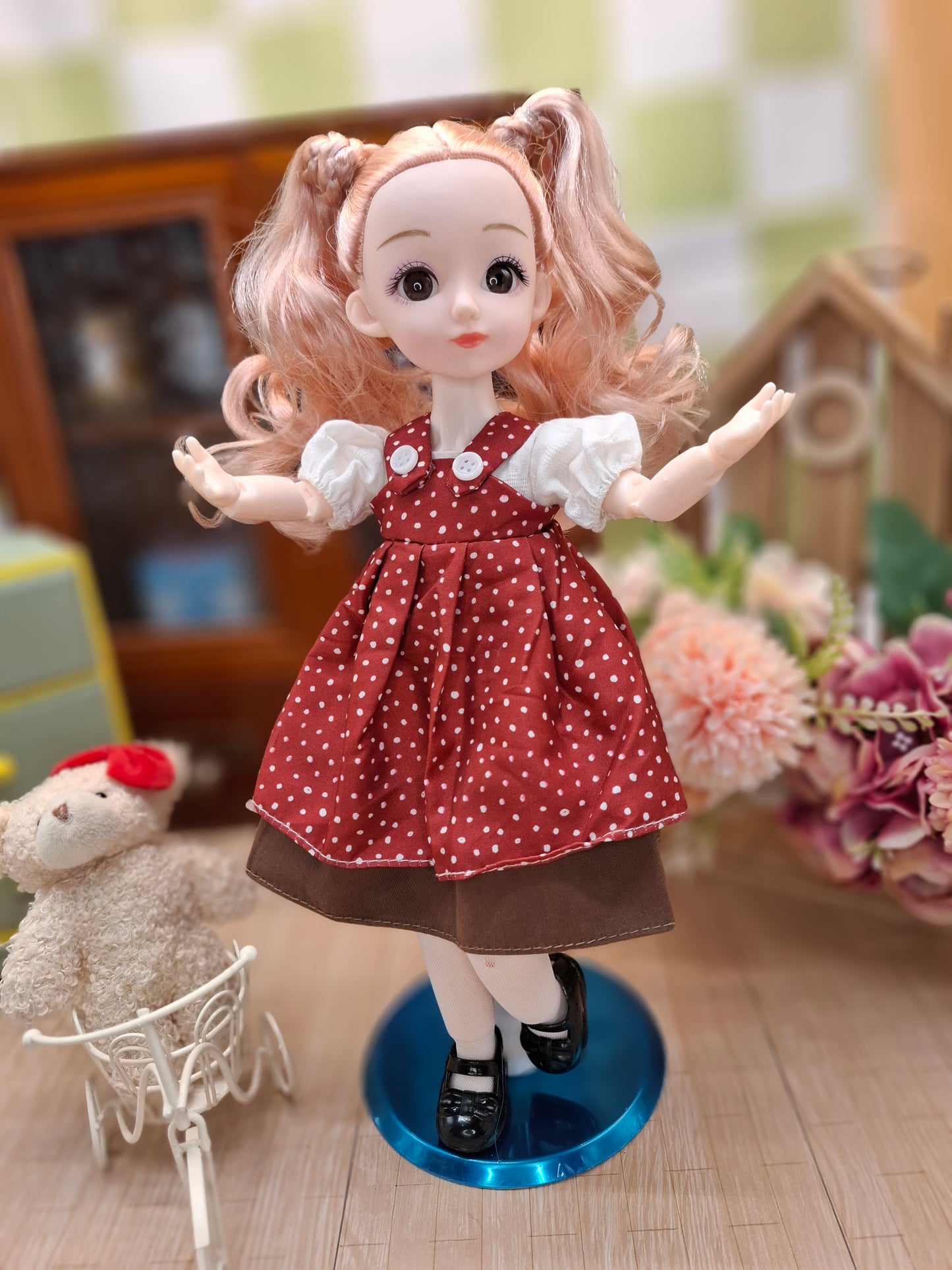 Sarah the Waldorf Doll with blonde hair in red dress 30cm BJD Doll